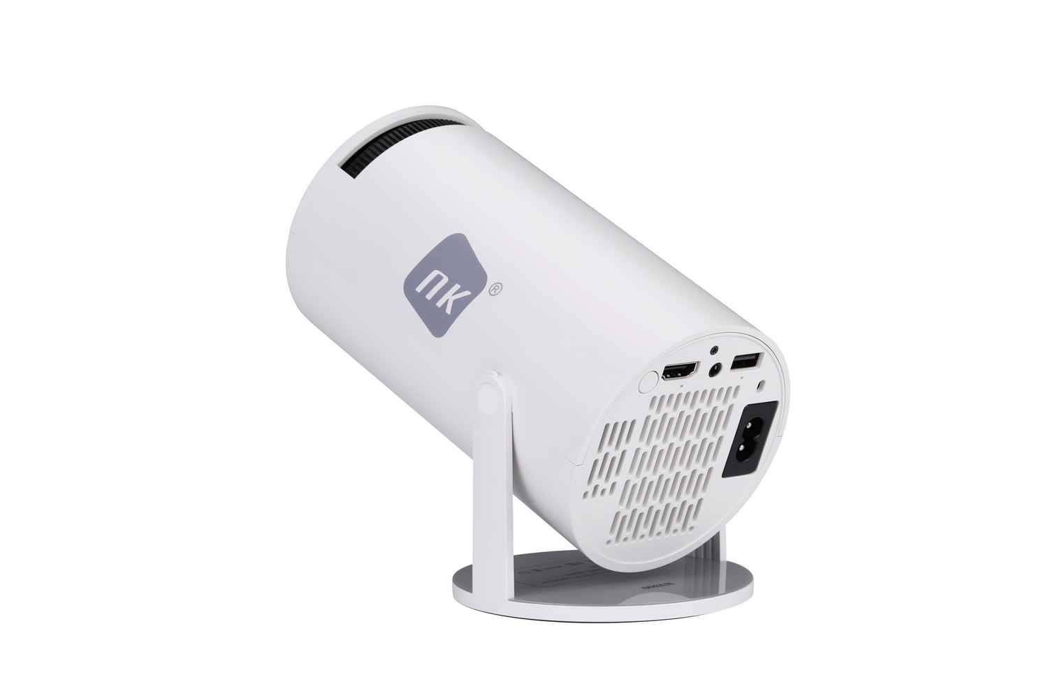 Un proyector blanco con un soporte.