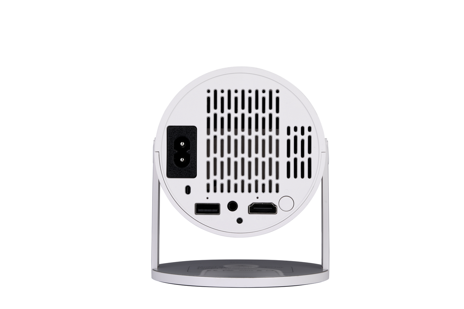 Parte trasera de proyector blanco con puertos de alimentación, USB, HDMI y botón de reinicio. Ventilada.
