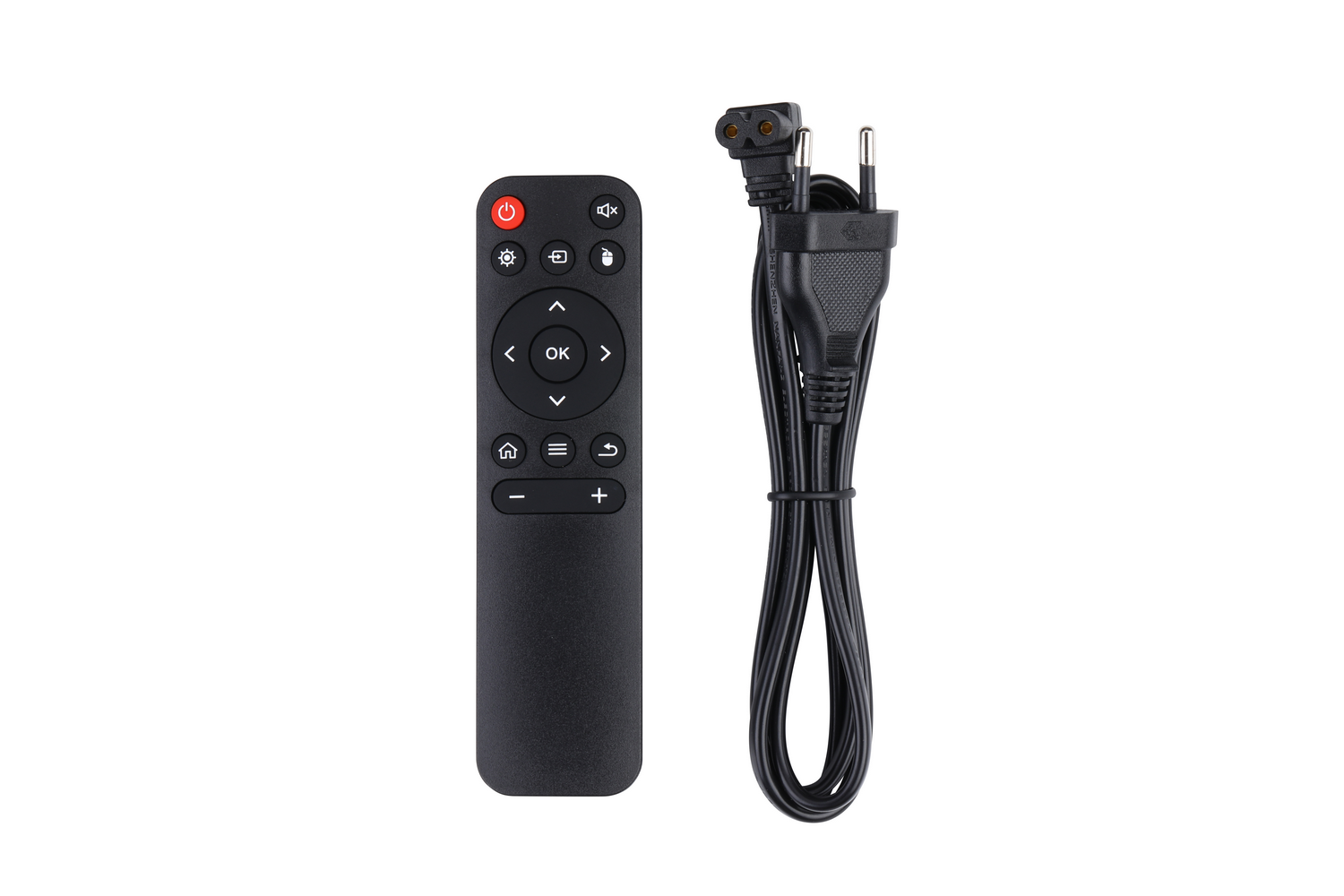 Mando a distancia negro y cable de alimentación negro sobre fondo blanco.