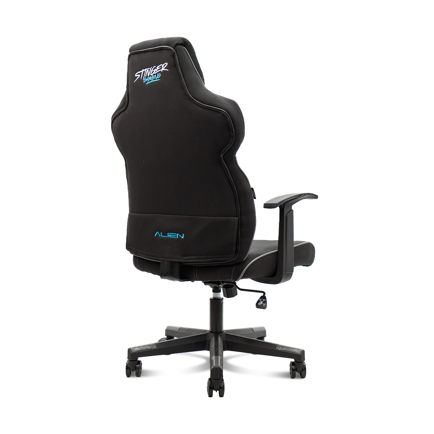 Silla gaming, negra con detalles azules, vista trasera, con nombres de marca Alien y Stinger Racing.