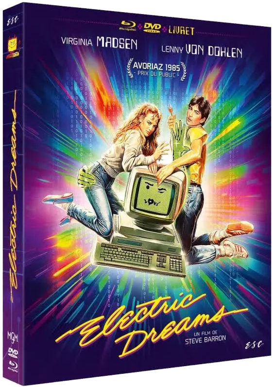Couverture DVD d'Electric Dreams. Homme et femme avec un ordinateur. Couleurs vives et texte.