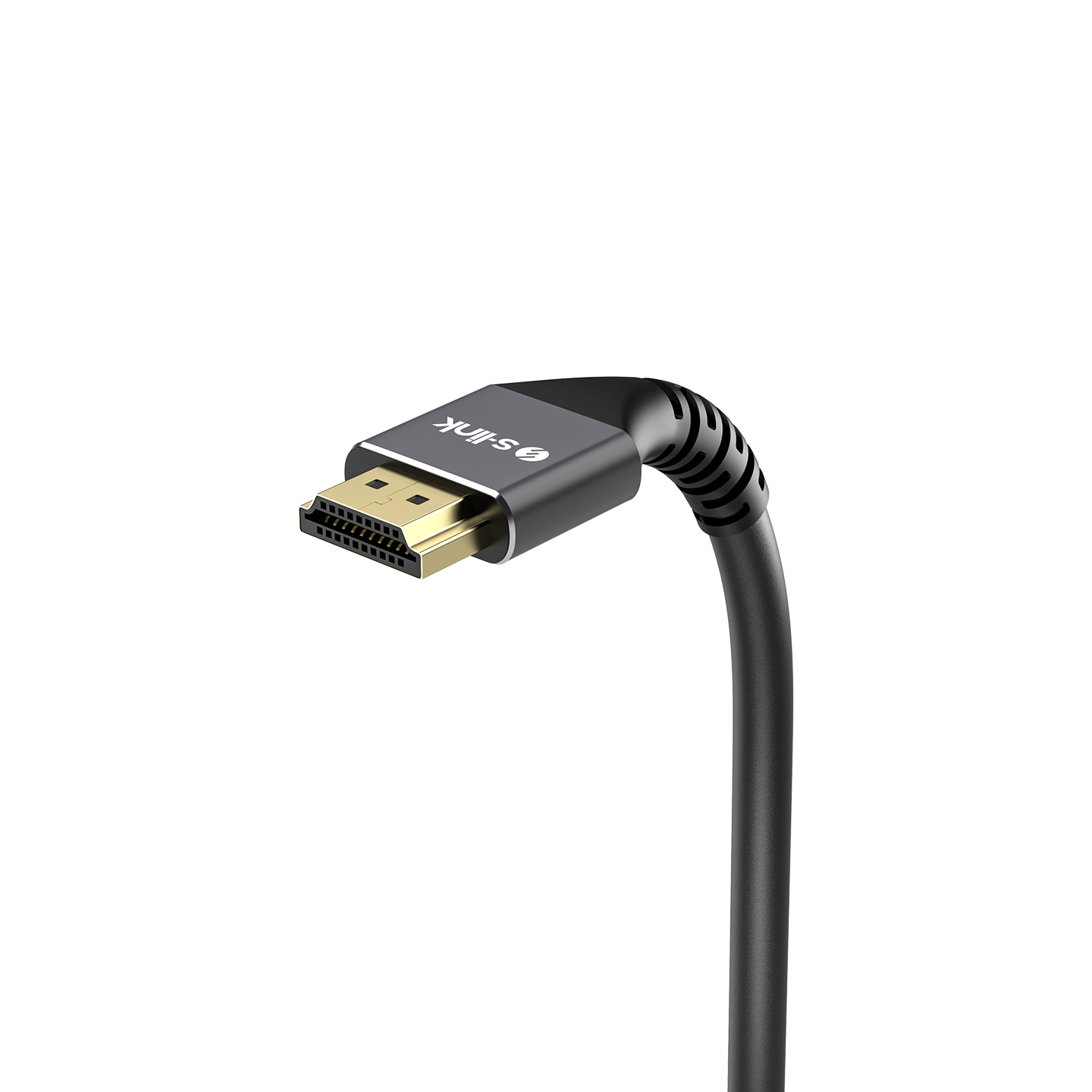 Altın renkli konektörlü siyah HDMI kablosu, bükülmüş, beyaz arka plan üzerinde.