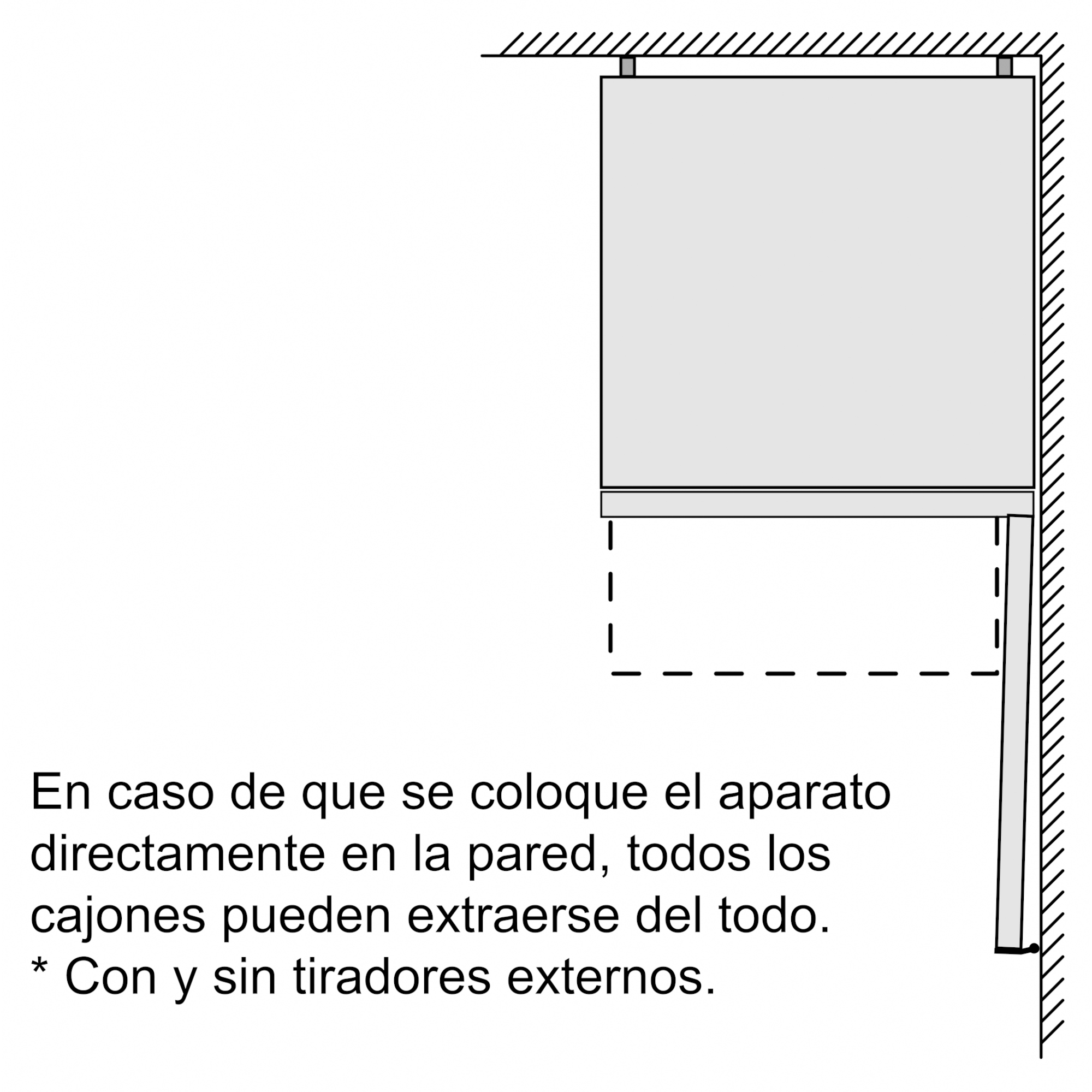 Diagrama de un armario montado en la pared con cajones. Texto en español abajo.