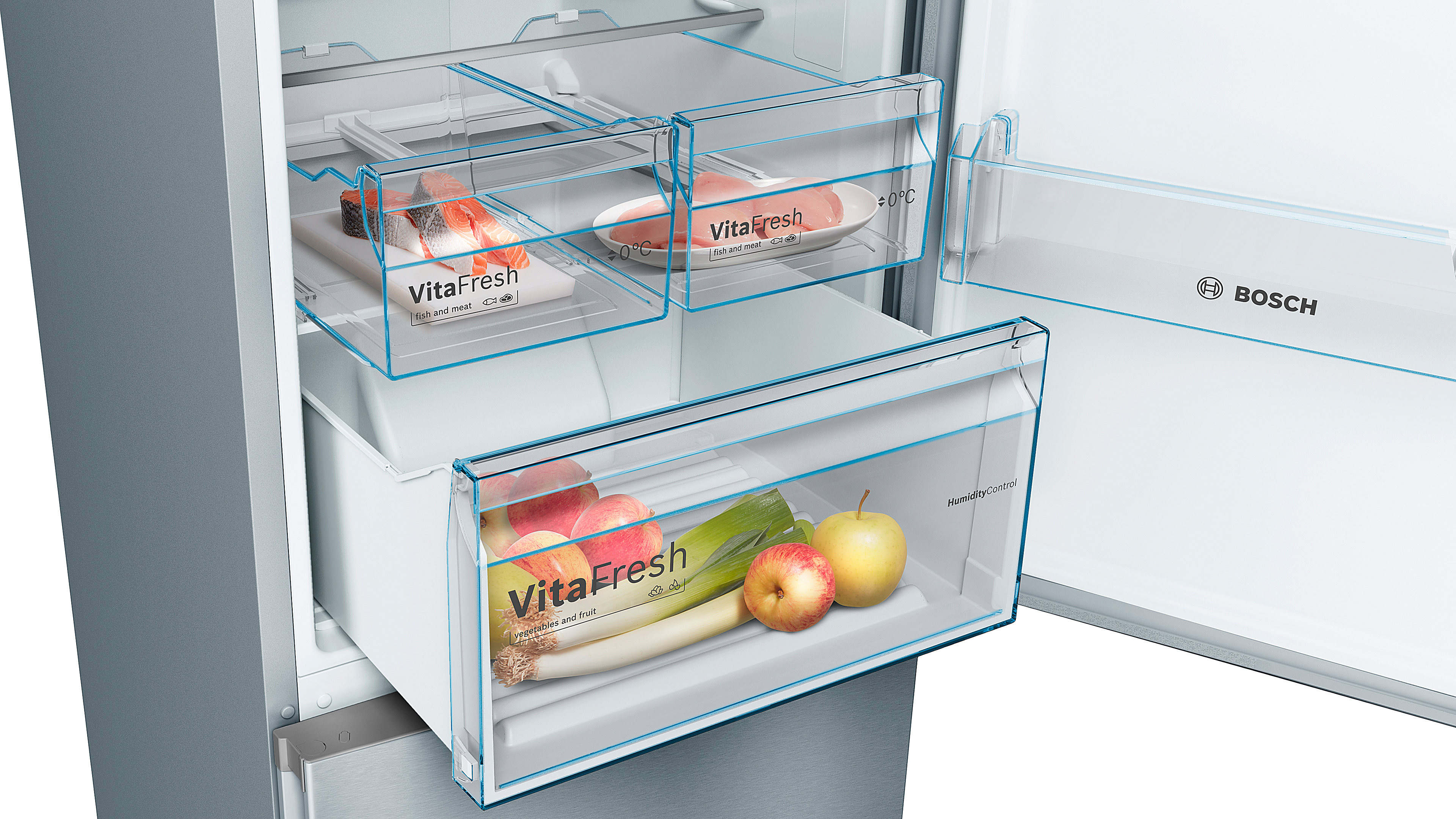 Un refrigerador con compartimentos de almacenamiento de alimentos.