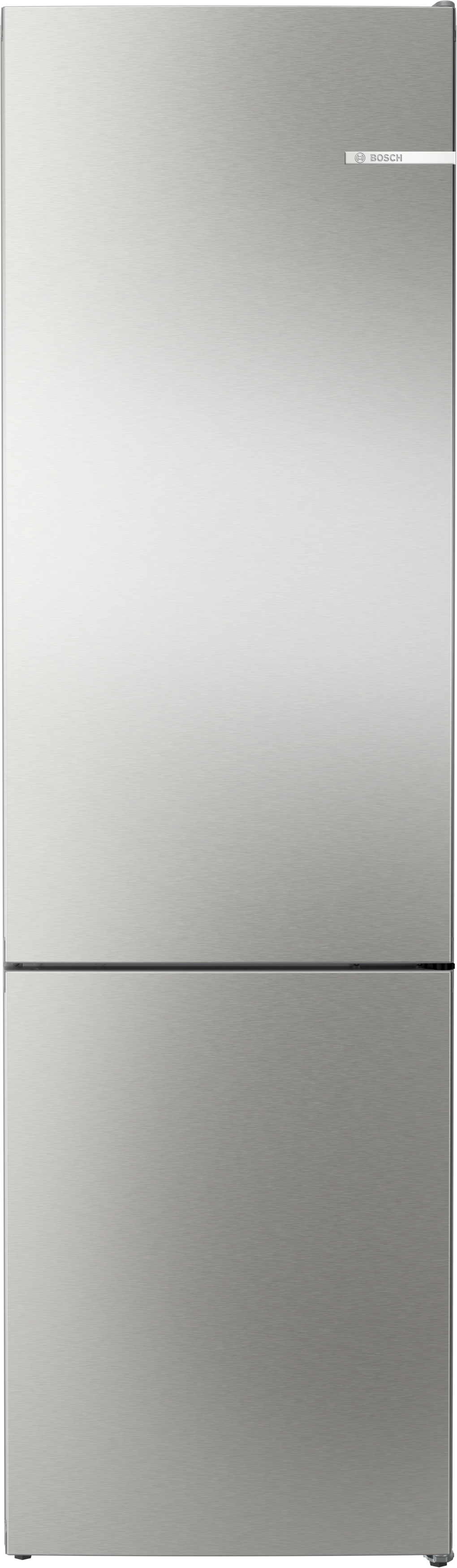 Refrigerador de acero inoxidable con dos puertas. El logotipo de Bosch está en la esquina superior derecha. Contra fondo blanco.