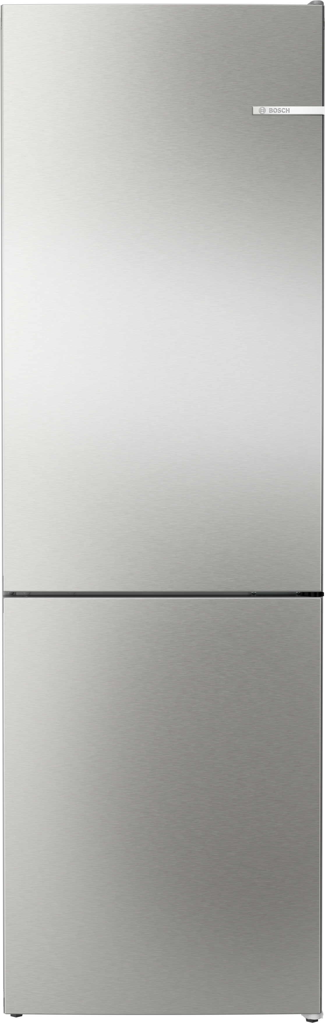 Refrigerador de acero inoxidable con congelador inferior. Fondo blanco. Logotipo de Bosch.