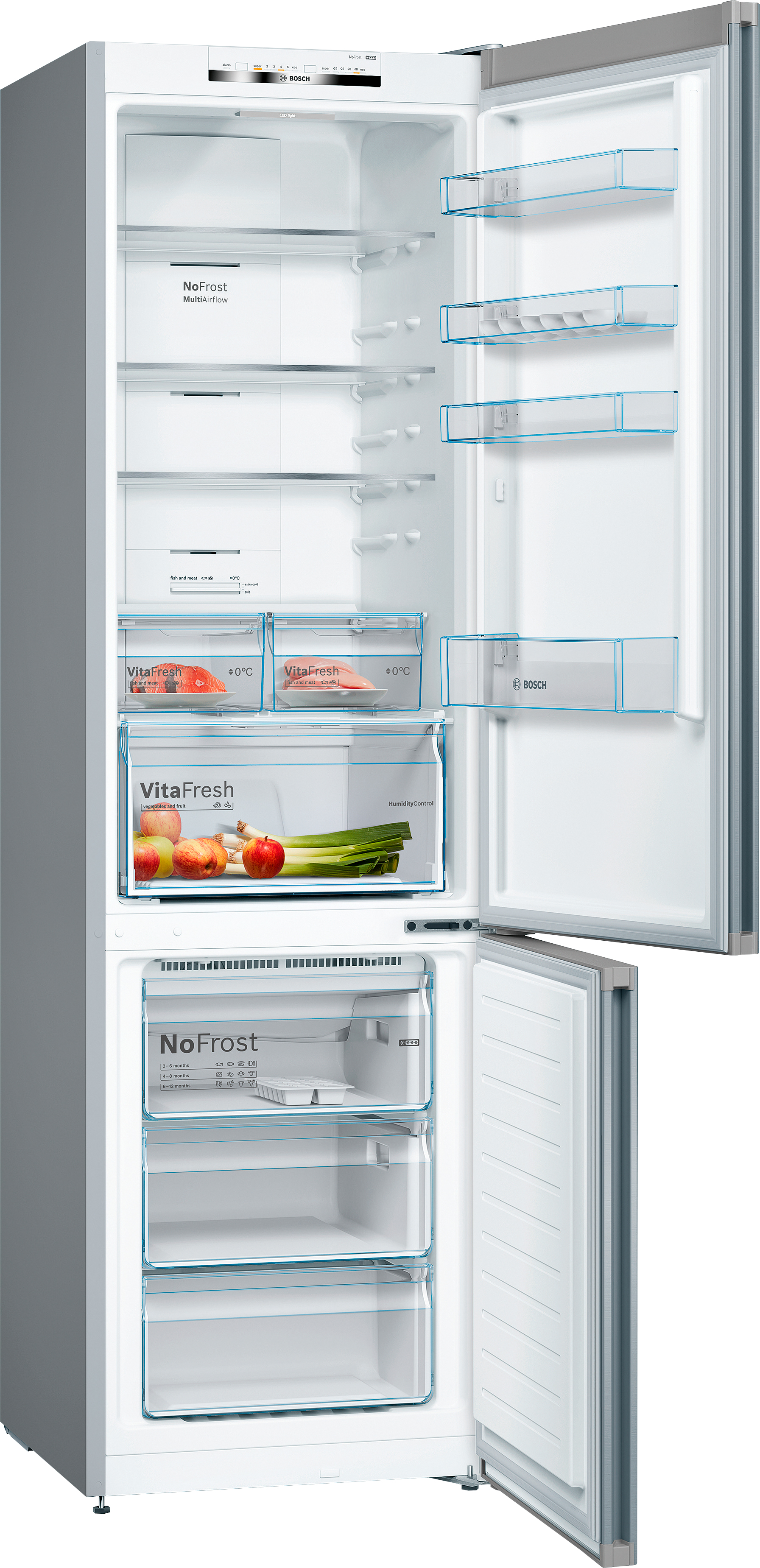 Refrigerador abierto con estantes de comida. Blanco y gris.