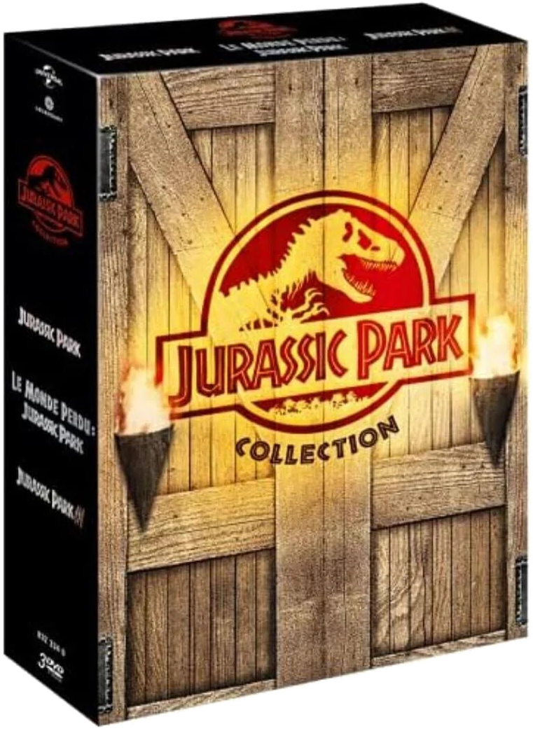 Jurassic Park collection box set. It is a wooden box with a red sign and fire torches. Background: brown.