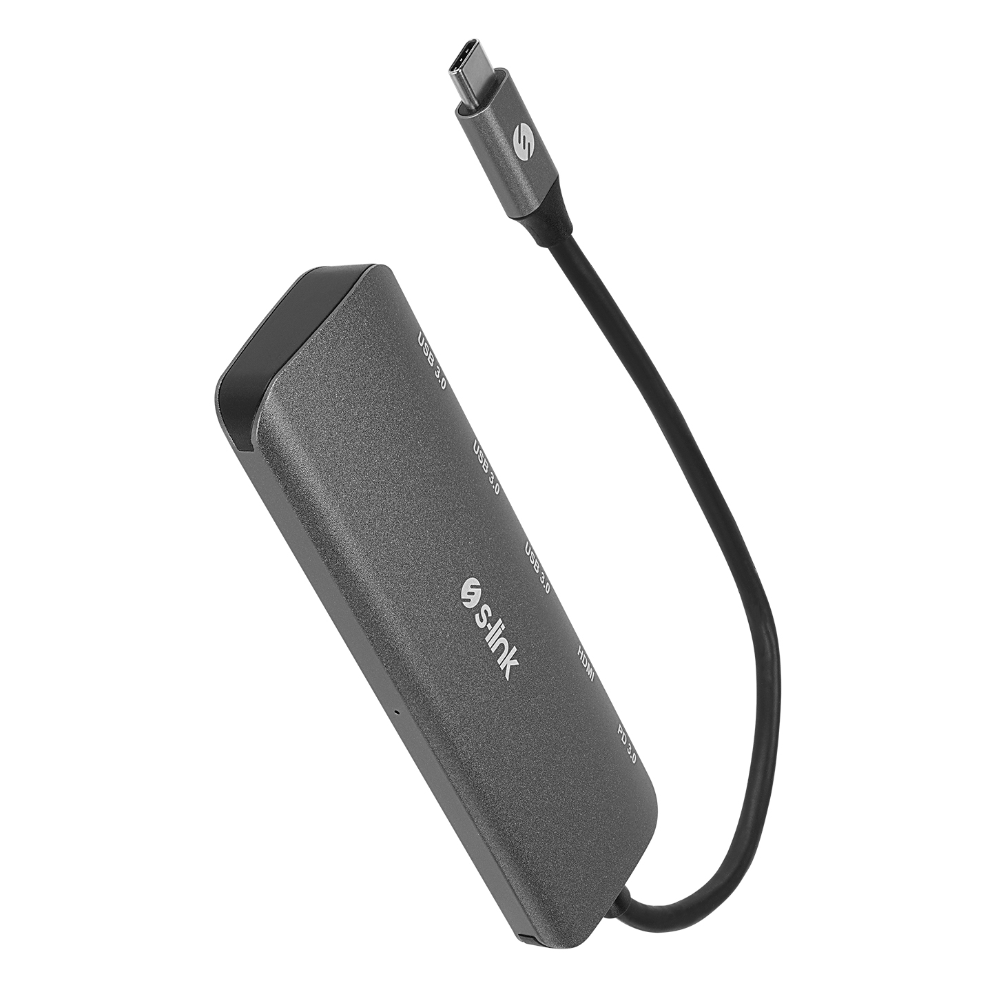 Siyah kablo ve USB-C konektörlü gri USB-C hub.