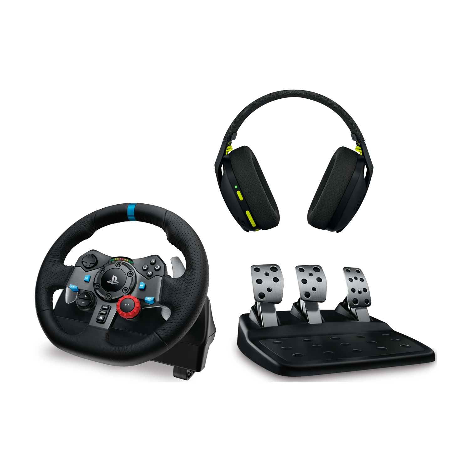 Un set da gioco: volante, pedali e cuffie.