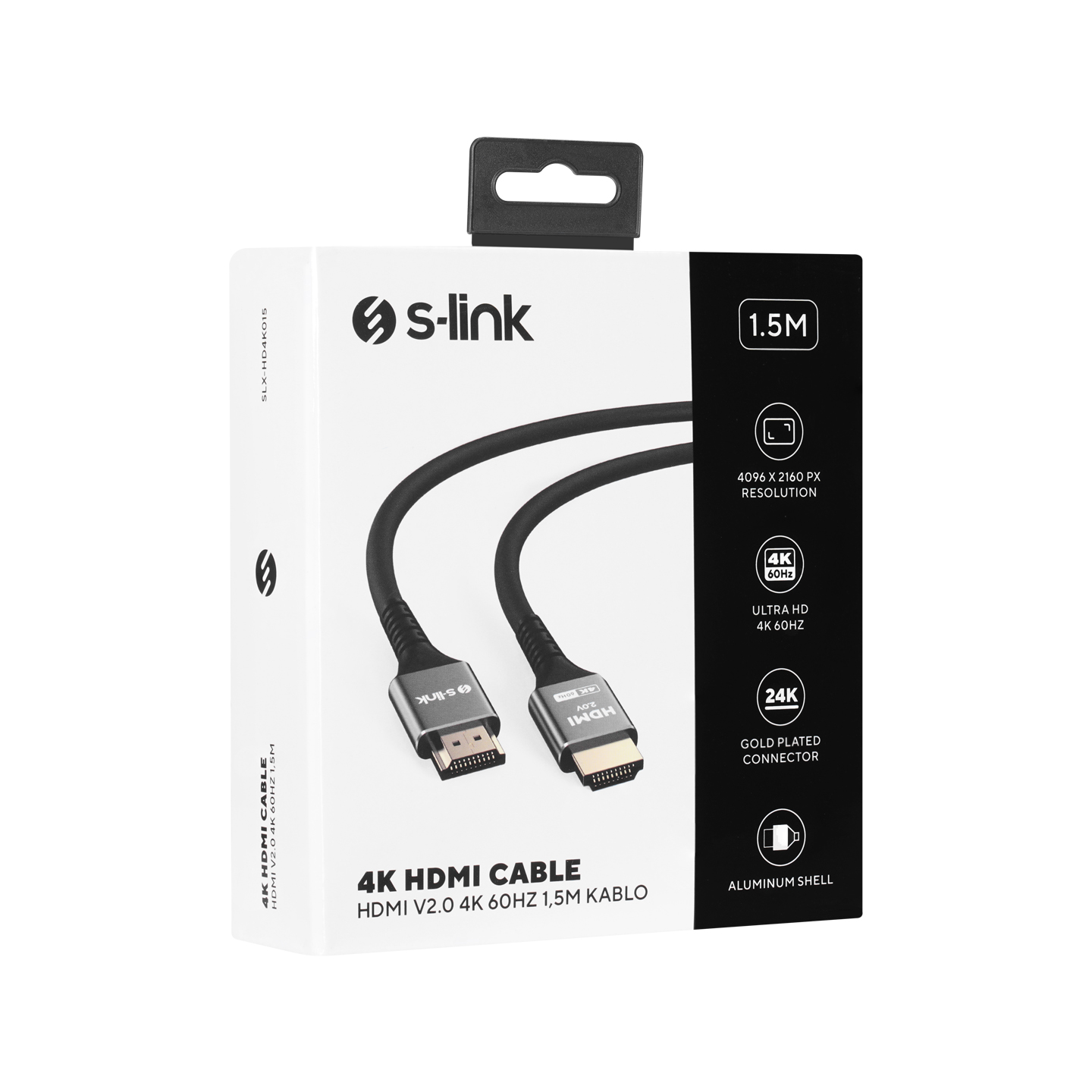 Beyaz ve gri S-link HDMI kablo kutusu. Kabloyu ve özellikleri gösterir.