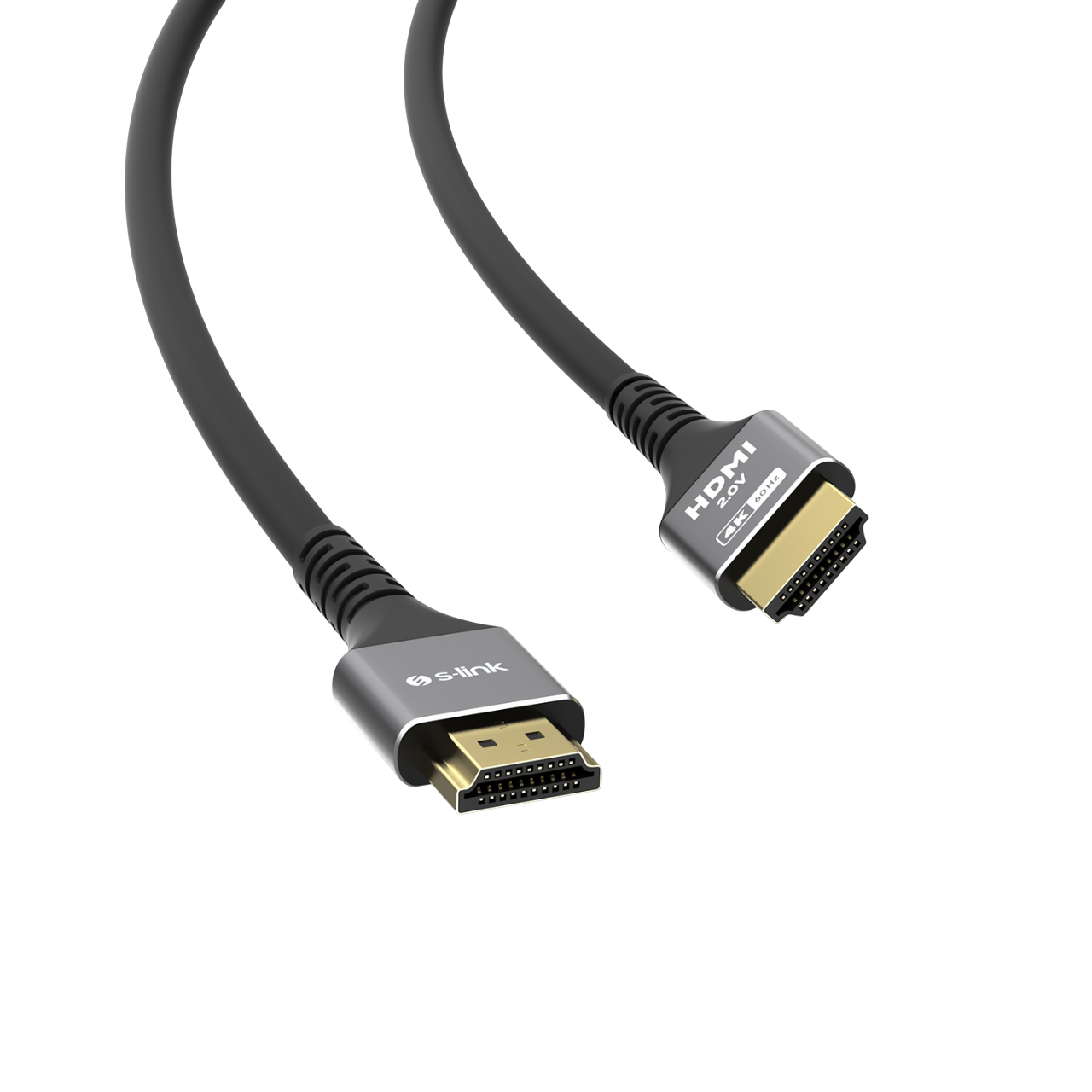 Siyah HDMI kablosu, siyah arka planda gümüş konektörlerle.