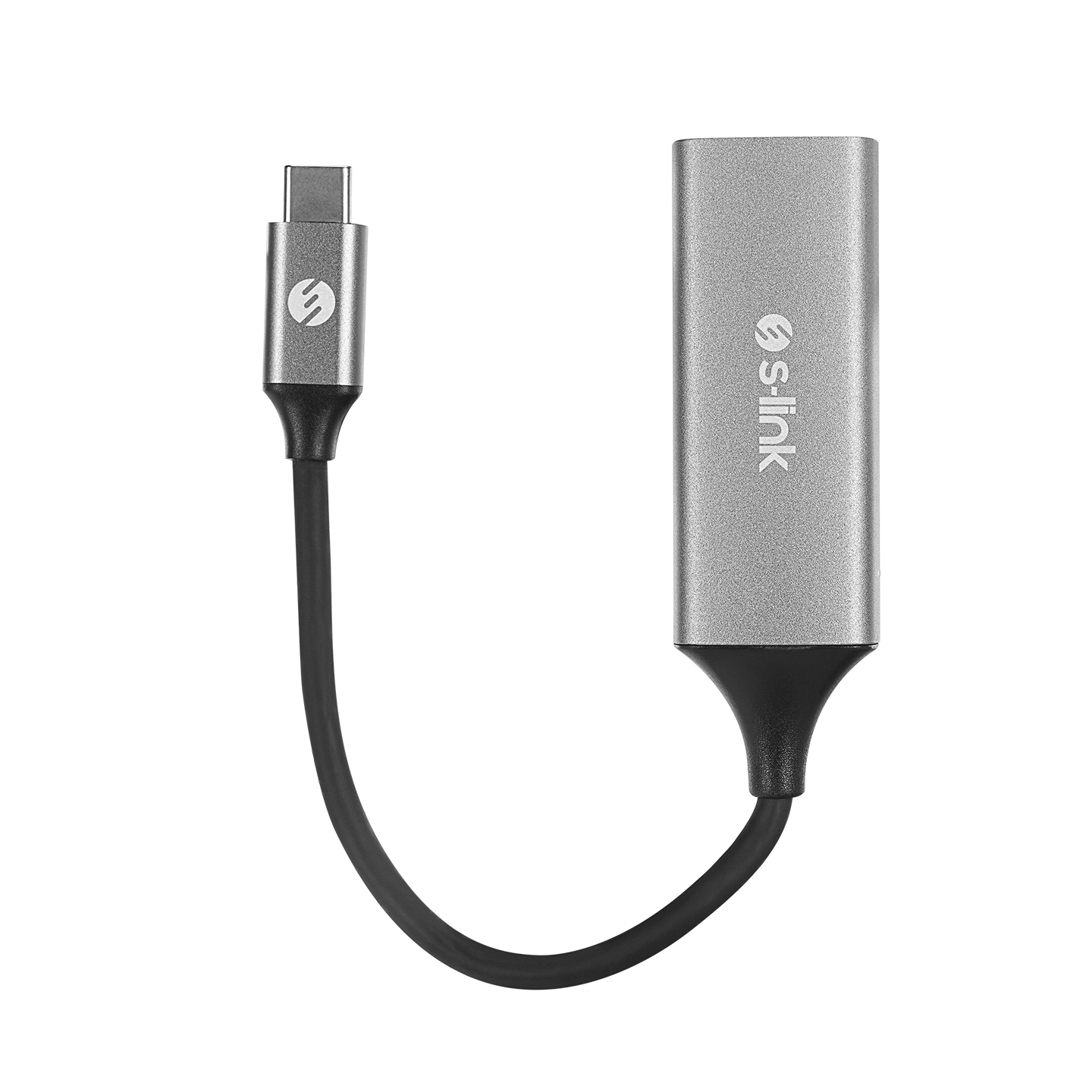 Siyah kablolu, gümüş renkli USB-C adaptör, cihazlara bağlanmak için.