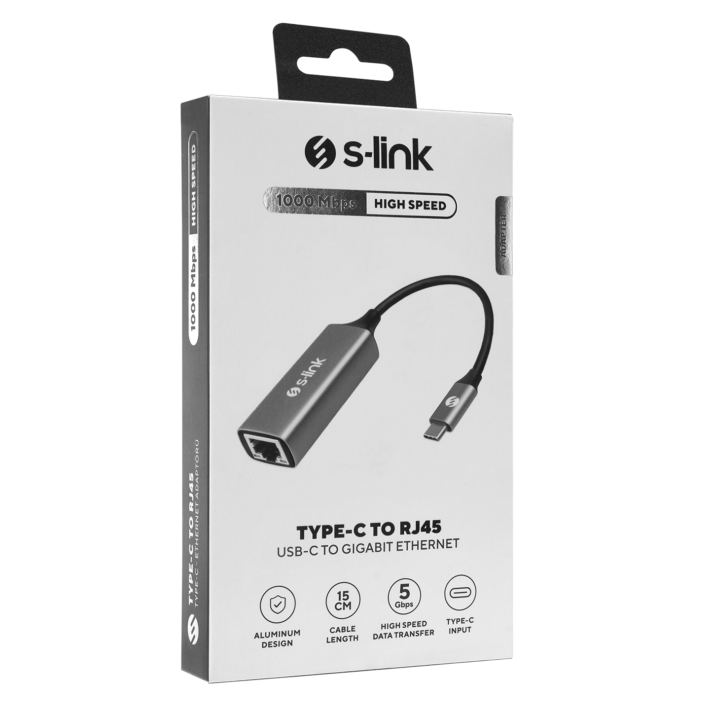 USB-C - RJ45 adaptör kutusu. Adaptörü, markayı ve 'Yüksek Hız' gibi özellikleri gösterir.