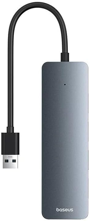 Siyah kablo ve USB konektörlü gri USB hub.