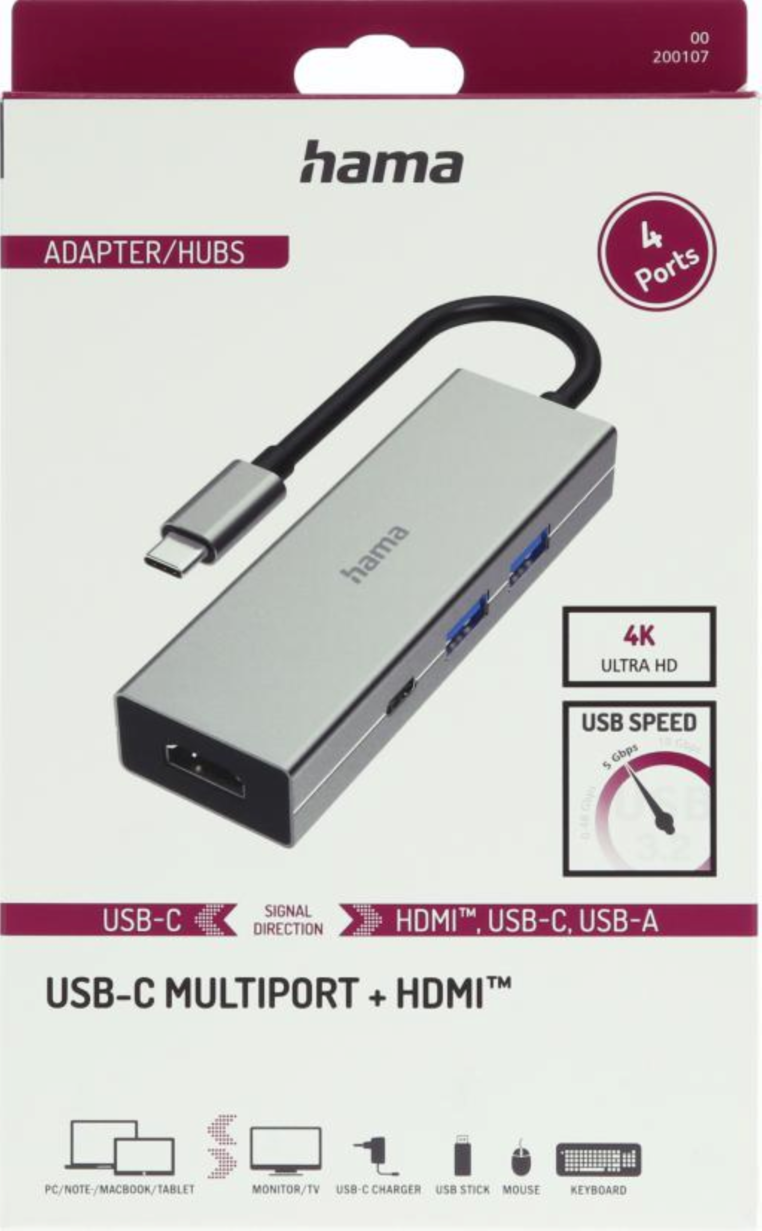 Portları ve siyah kablosu olan gümüş bir USB-C çoklu bağlantı noktası adaptörü. Kutuda ürün detayları gösteriliyor.