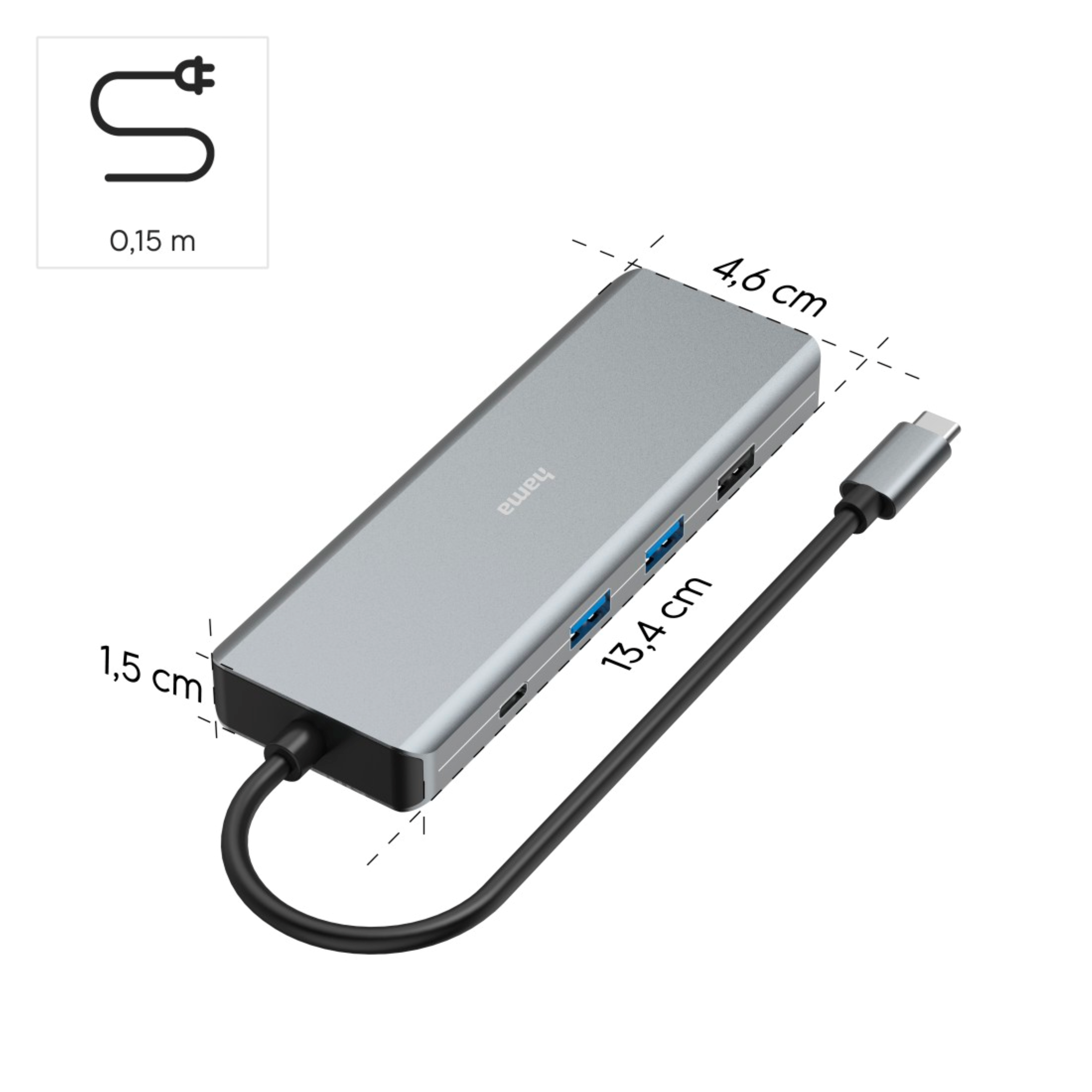 Gümüş Hama USB-C hub. USB bağlantı noktalarına ve bir USB-C konektörüne sahiptir. Boyutlar gösterilir.