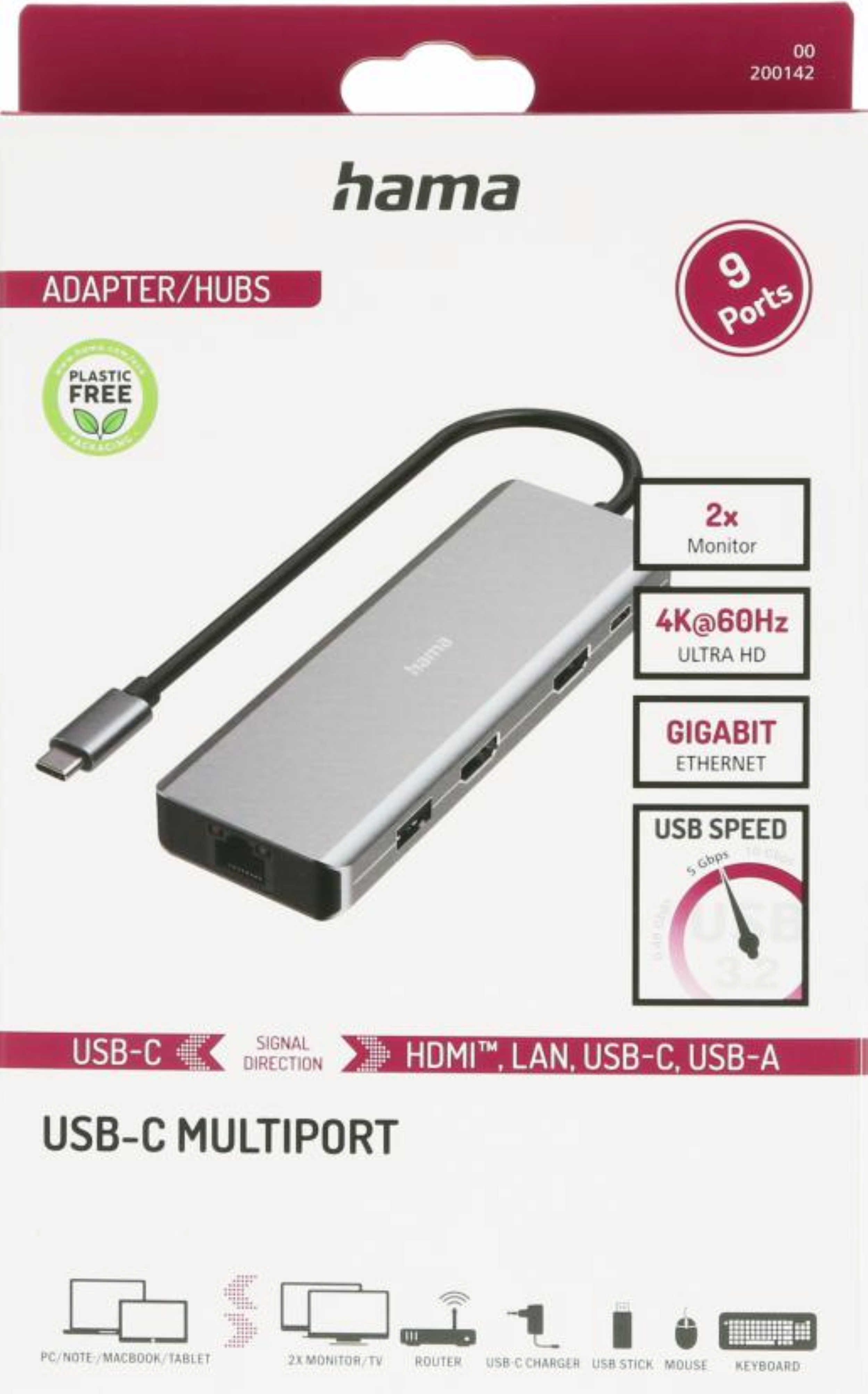 Siyah kablolu, 9 bağlantı noktalı gümüş USB-C çoklu bağlantı noktası adaptörü.