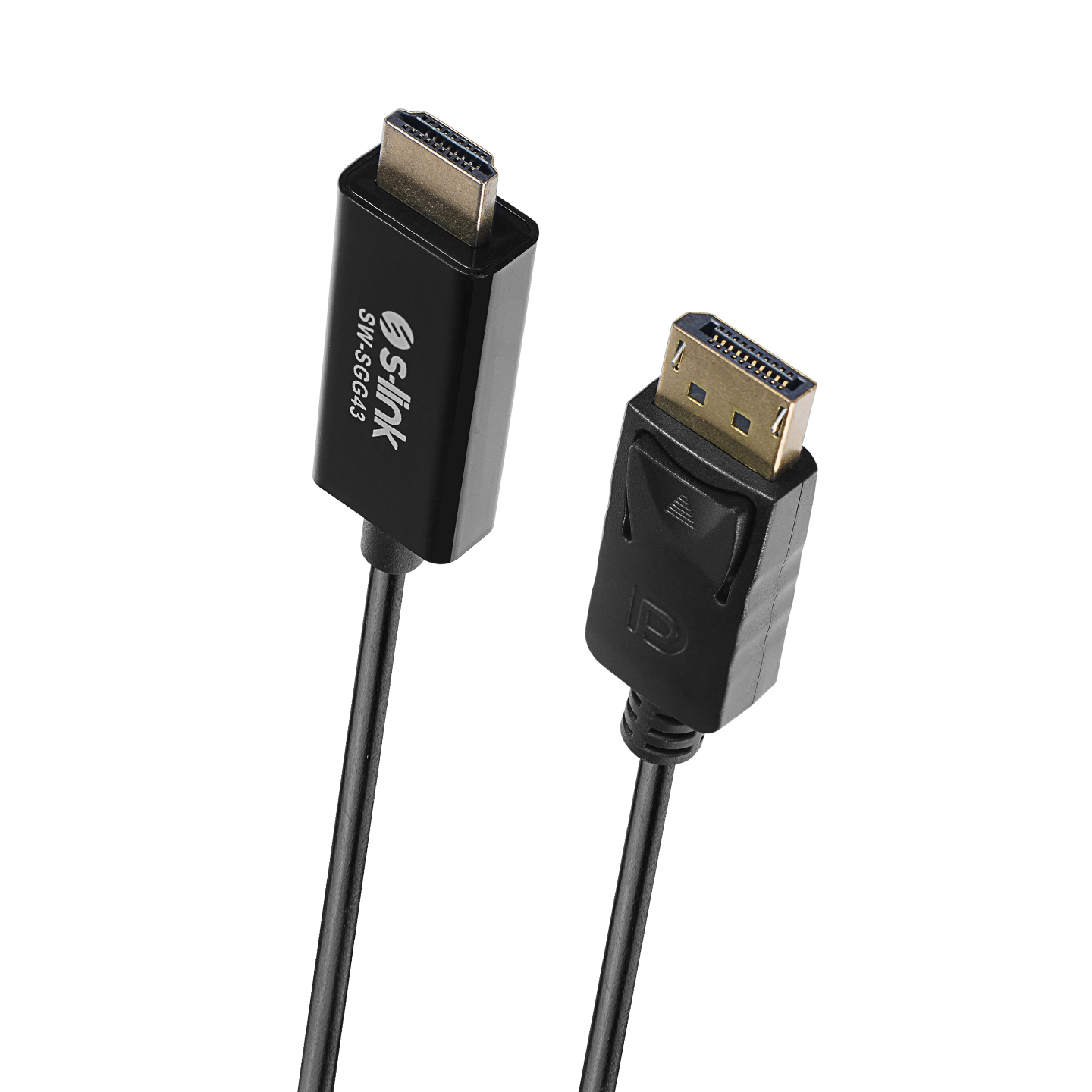 Beyaz arka planda siyah bir HDMI kablosu ve siyah bir DisplayPort kablosu.