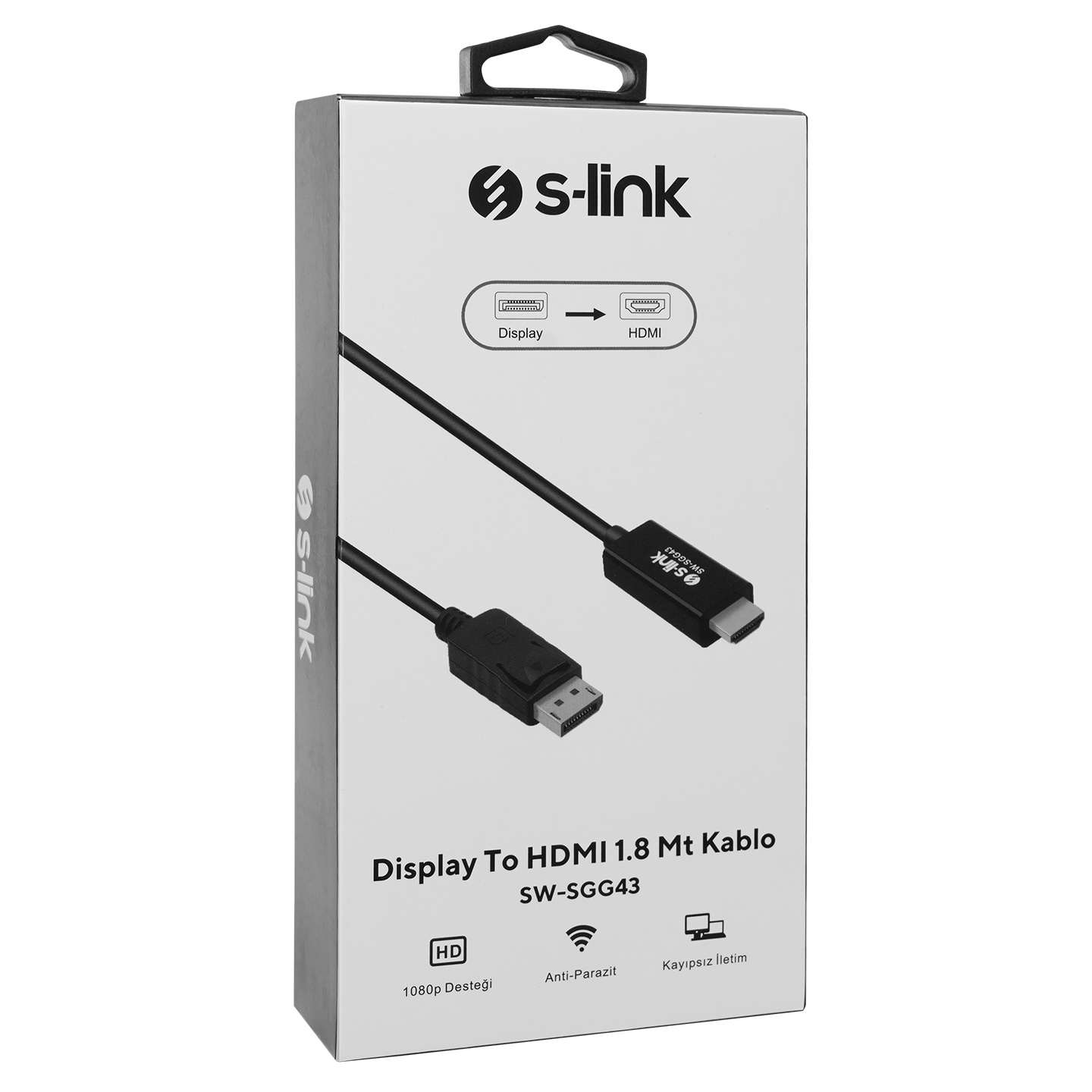 S-link ekran - HDMI kablo kutusu, beyaz ve siyah. Kablo illüstrasyonu.