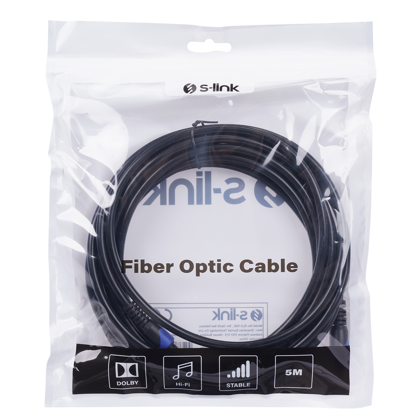 Sarmal siyah fiber optik kablo içeren şeffaf plastik ambalaj. Metin 'Fiber Optik Kablo' diyor.