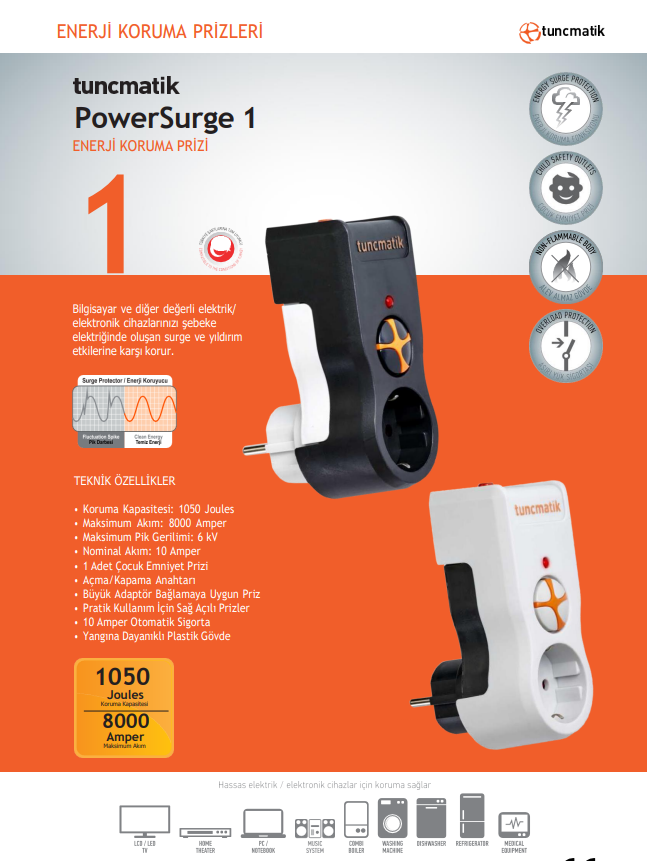 Fiş ve priz ile PowerSurge 1 koruyucusu. Metin resmin üzerine yerleştirilmiş.