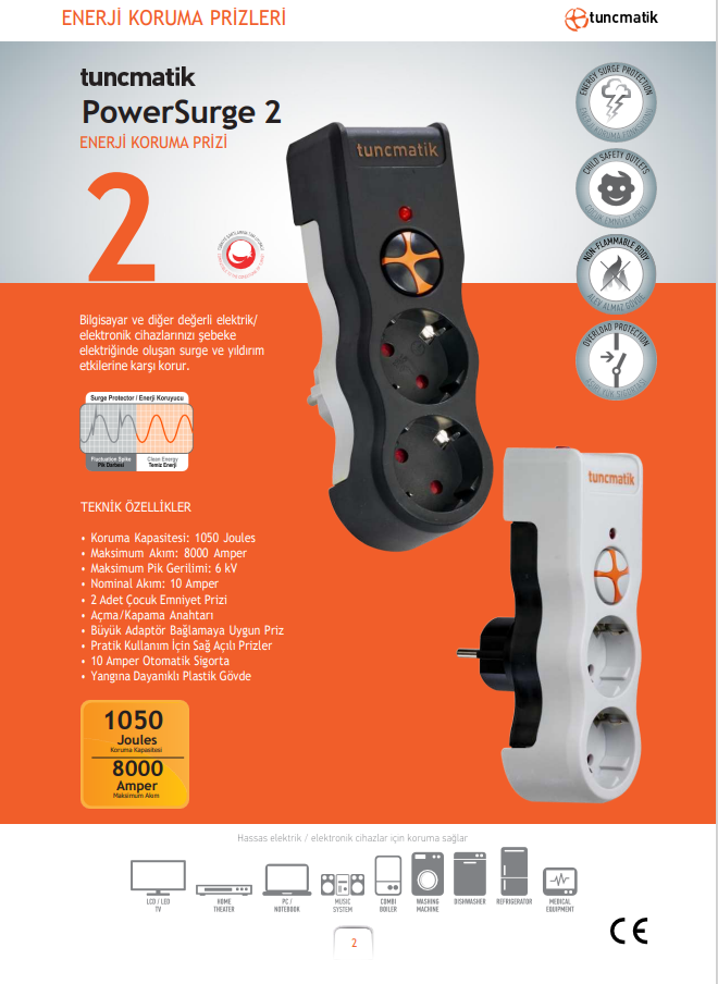 Siyah ve beyaz prizli, metinli bir güç dalgalanma koruyucusu.