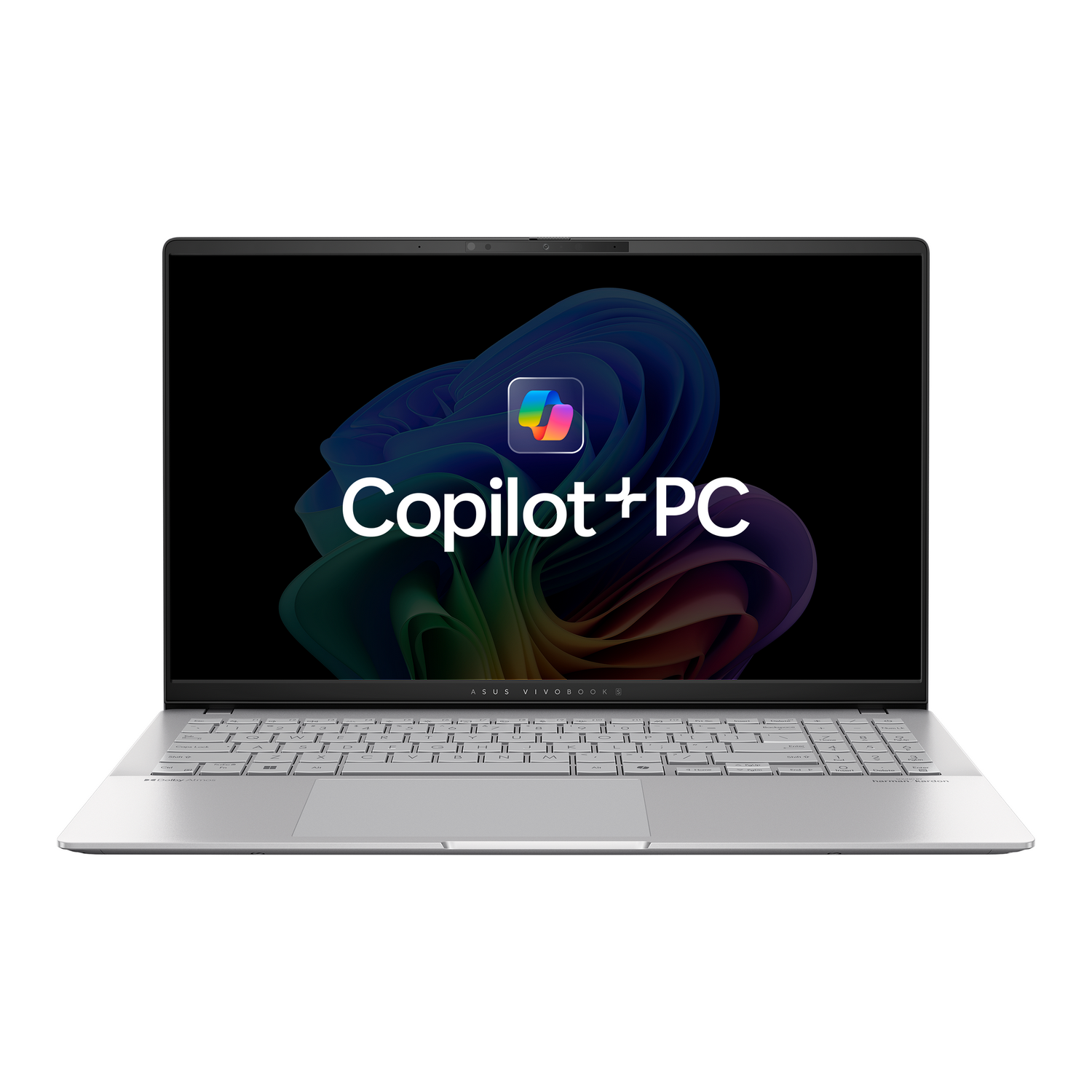 Ordenador portátil con Copilot+PC en pantalla. La pantalla es negra con diseño colorido.