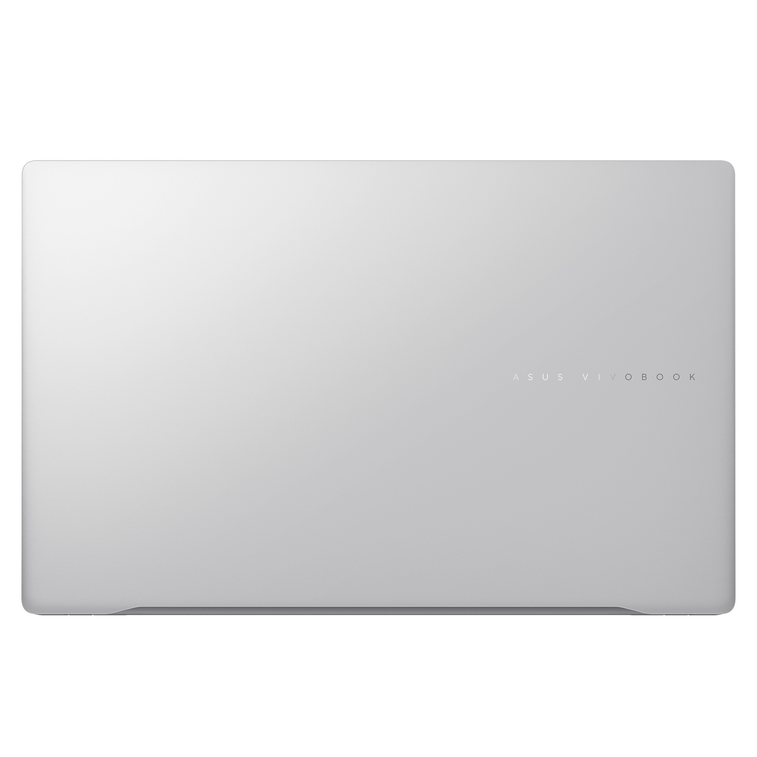 Portátil plateado con ASUS Vivobook en la tapa sobre un fondo blanco.