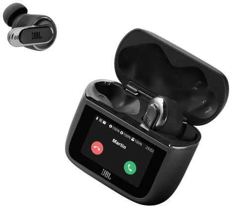 Czarne słuchawki JBL w etui ładującym, ekran z połączeniem od 'Martin'.
