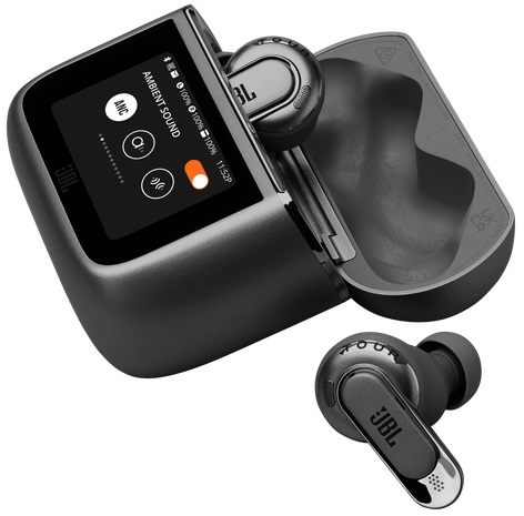 Czarne słuchawki JBL w etui ładującym, ekran z opcjami ANC i dźwięku otoczenia.