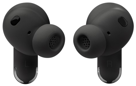 Dwa czarne słuchawki douszne, każda z końcówką douszną i mikrofonem na dole.