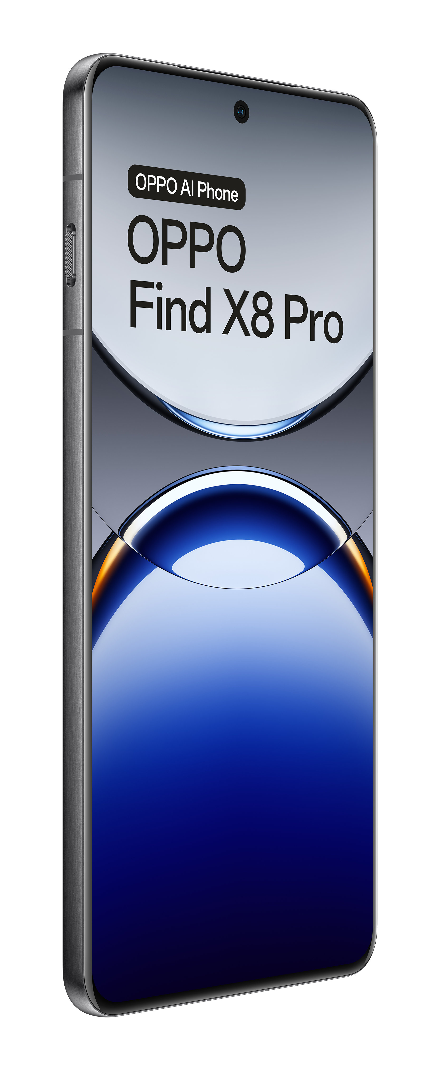 Telefon Oppo Find X8 Pro. Telefon jest srebrny i ma duży wyświetlacz. Tekst jest widoczny.