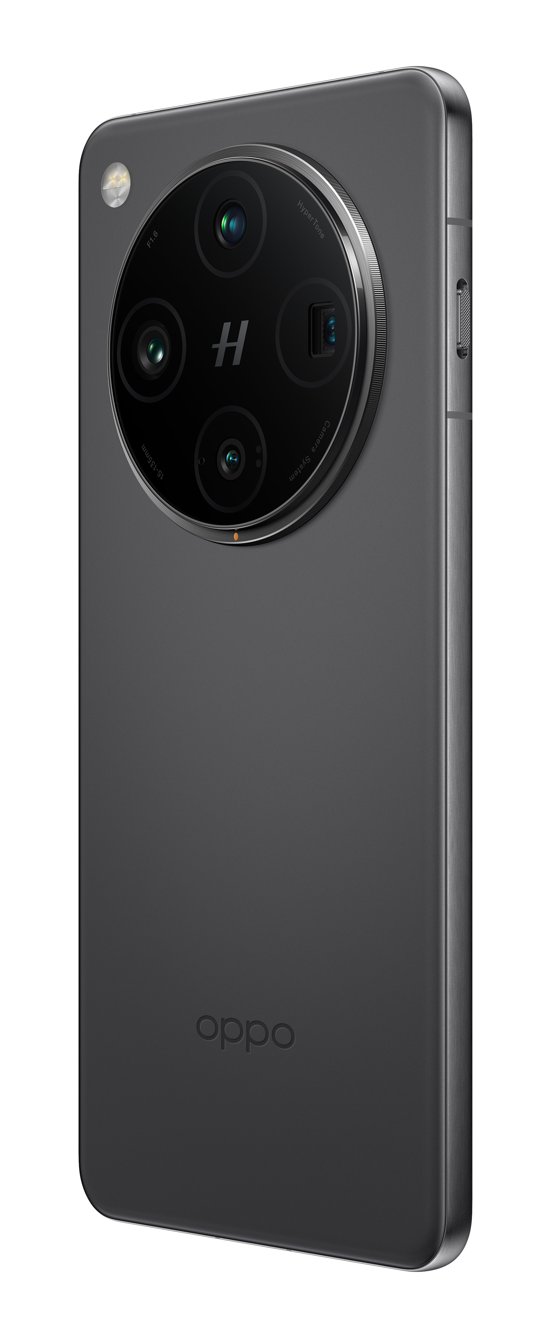 Ciemnoszary smartfon z dużym modułem aparatu z wieloma obiektywami i logo Oppo.