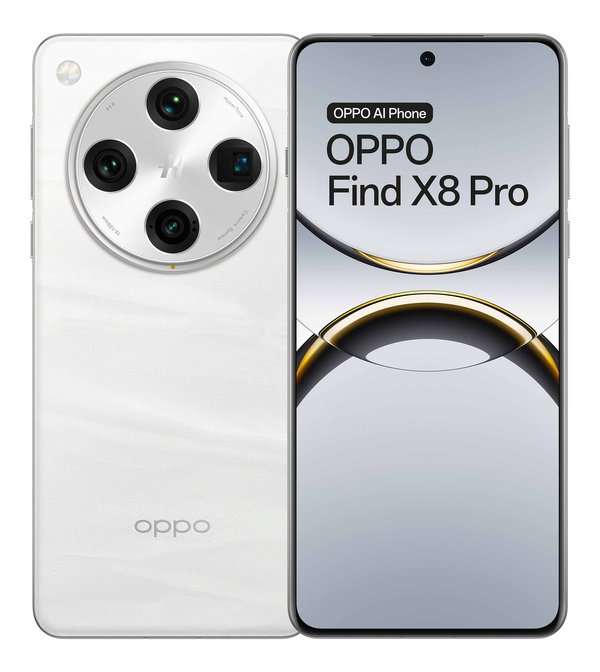 Biały telefon Oppo z wieloma obiektywami aparatu. Na przednim ekranie widoczny jest tekst OPPO Find X8 Pro.
