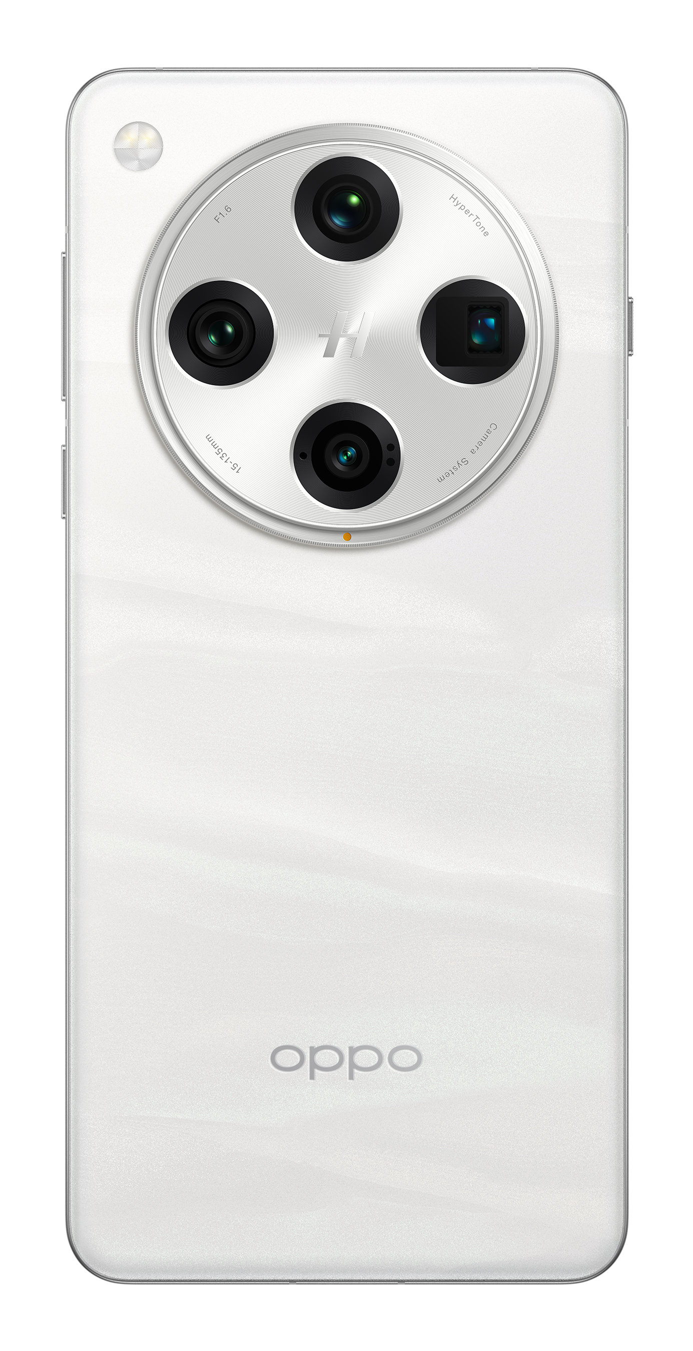Biały smartfon z czterema tylnymi aparatami. Widok z tyłu. Logo Oppo.
