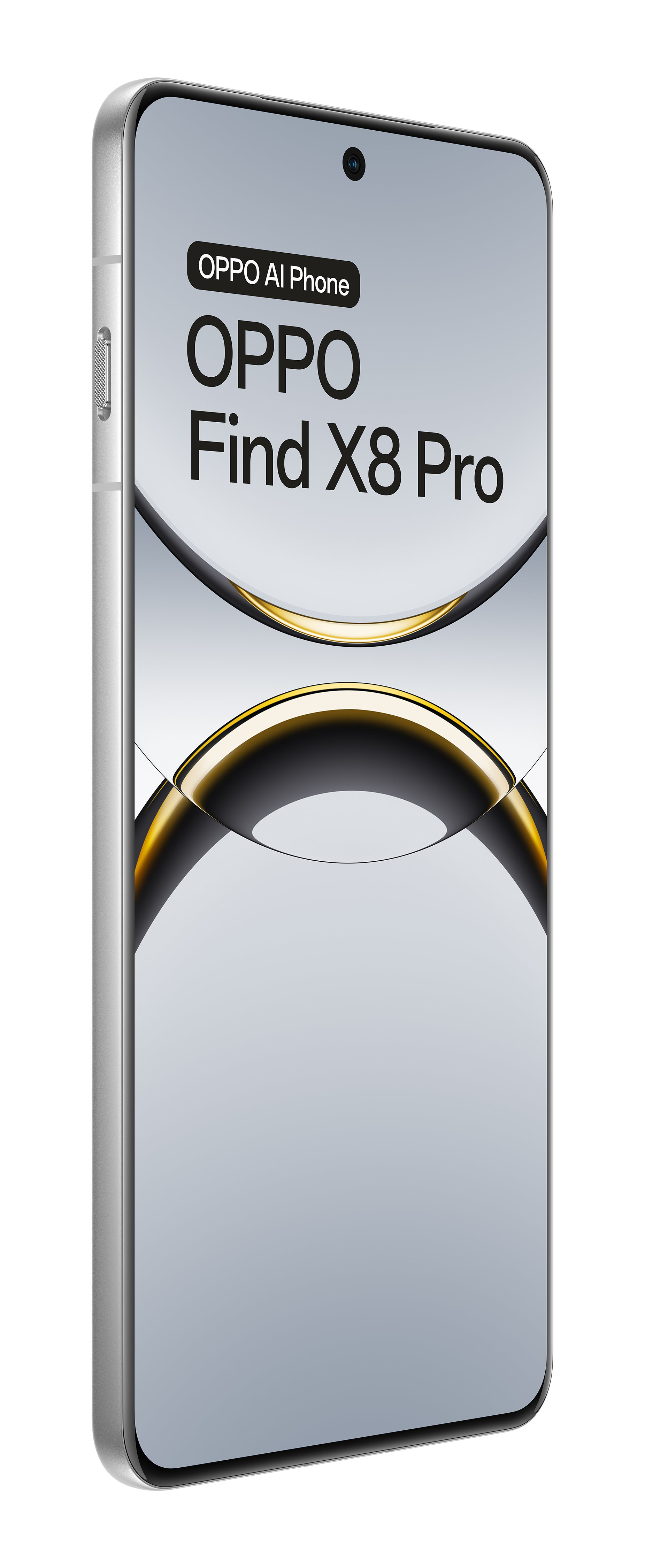 Srebrny smartfon z zakrzywionym ekranem, tekst OPPO Find X8 Pro.