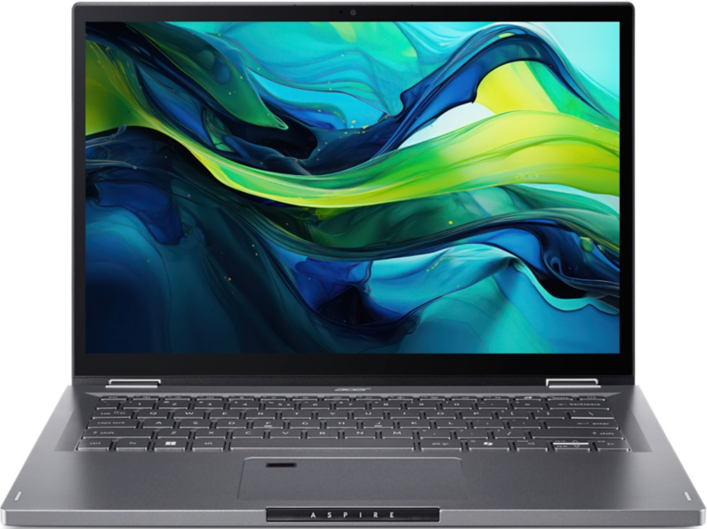 Silberner Laptop mit offenem Bildschirm, der ein farbenfrohes abstraktes Bild zeigt.