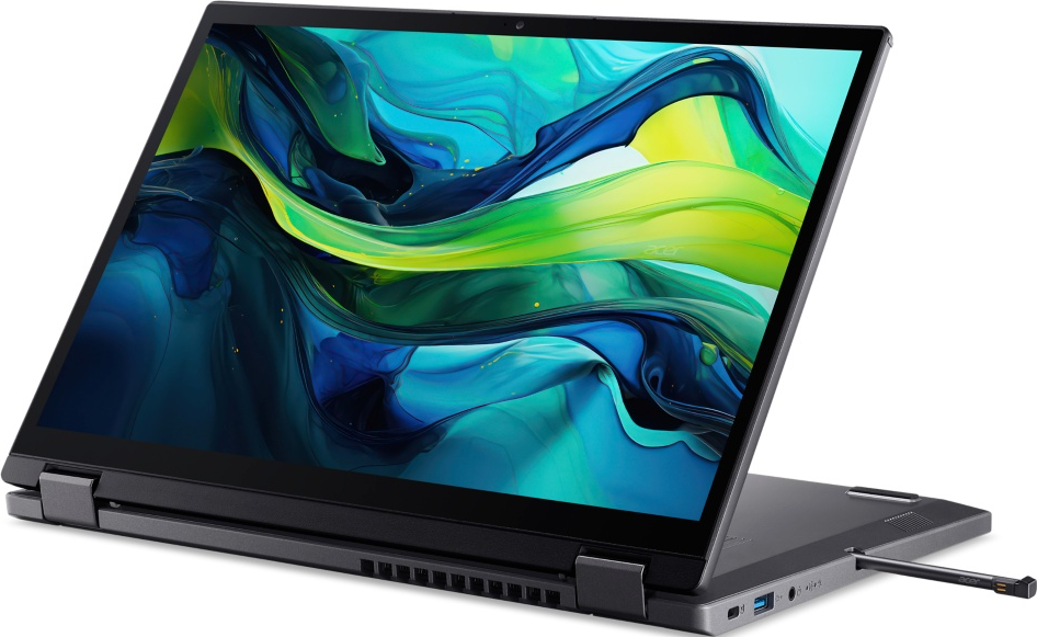 Ein Laptop mit geöffnetem Bildschirm und Stift. Der Laptop ist dunkelgrau, der Bildschirm zeigt farbenfrohe Kunstwerke.