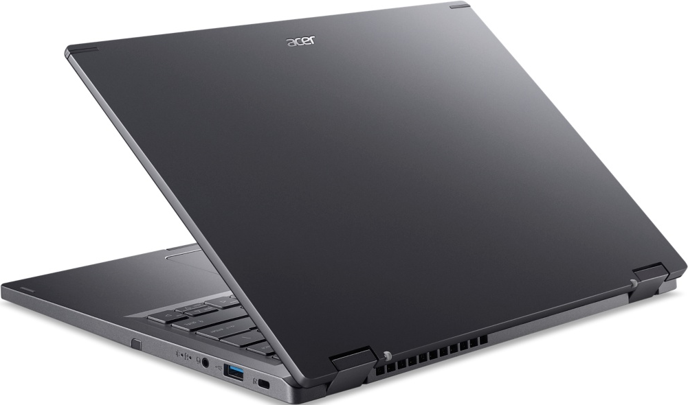 Ein dunkelgrauer Laptop. Der Laptop ist geöffnet und zeigt Tastatur und Bildschirm.