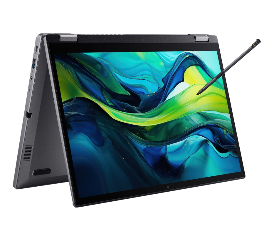 Laptop mit Stift auf schwarzem Hintergrund. Der Bildschirm zeigt ein farbenfrohes abstraktes Design.