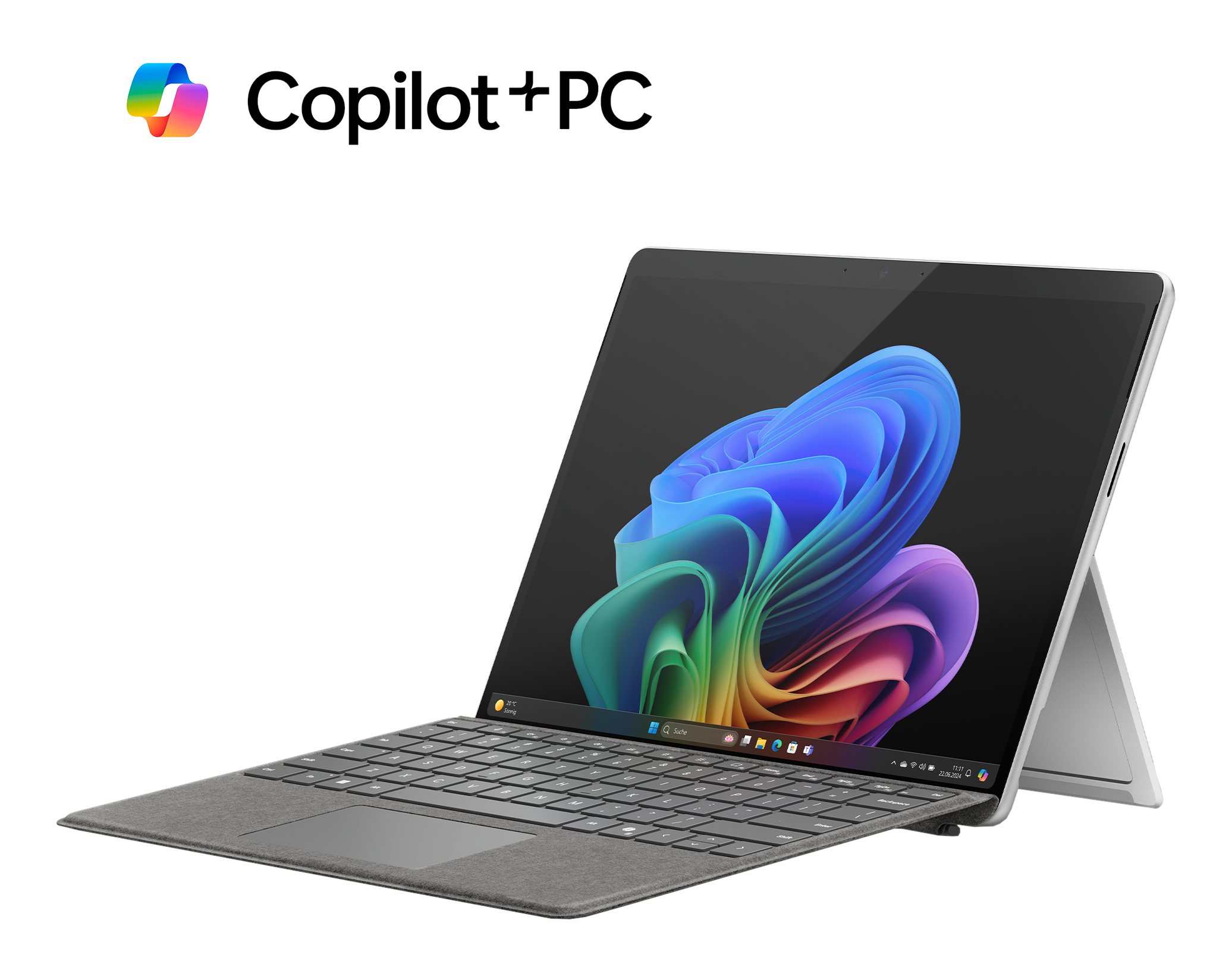Un laptop con tastiera grigia. Sullo schermo è visualizzato uno sfondo astratto colorato.