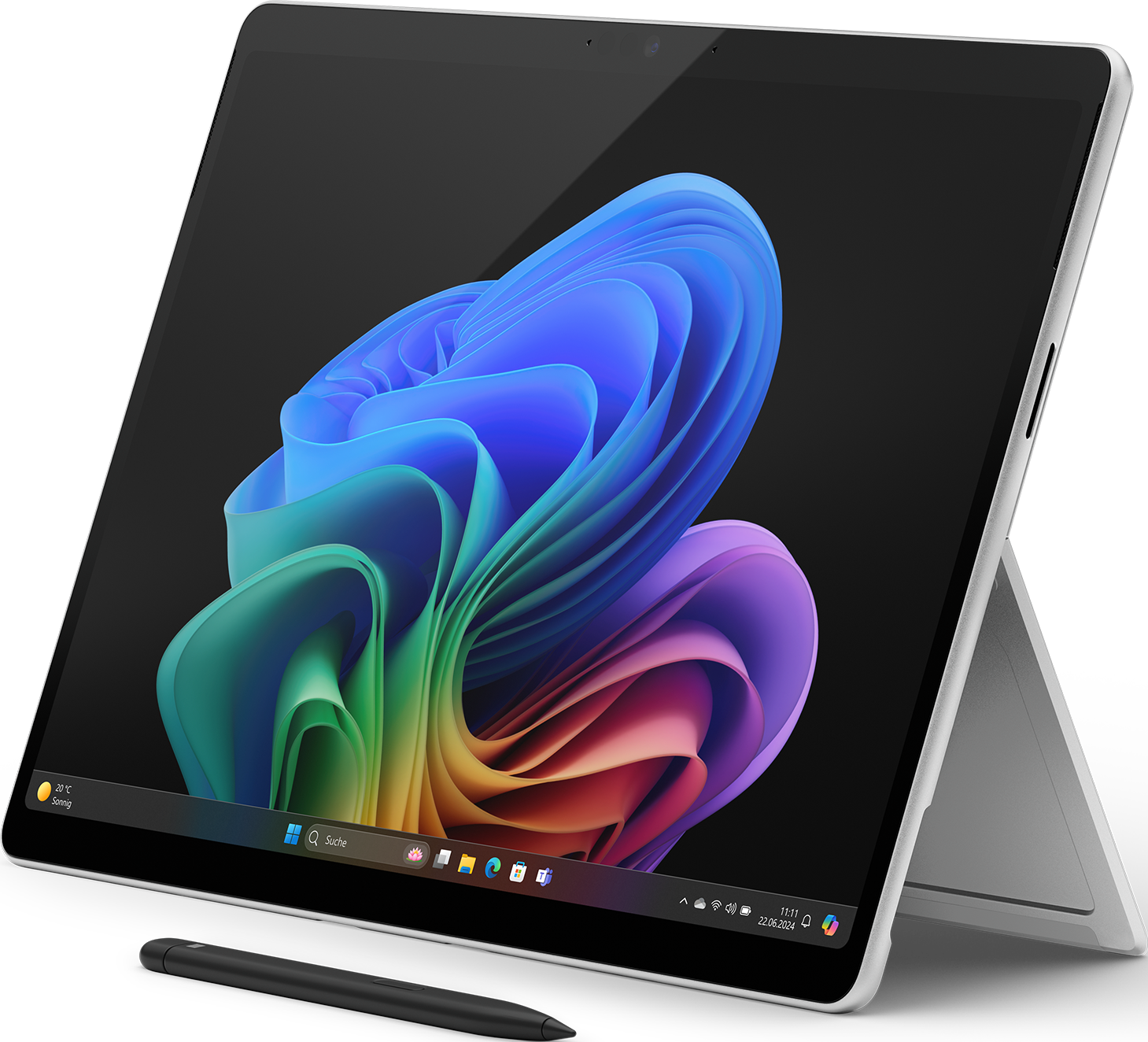 Tablet con tastiera, pennino e un'interfaccia Windows sullo schermo.