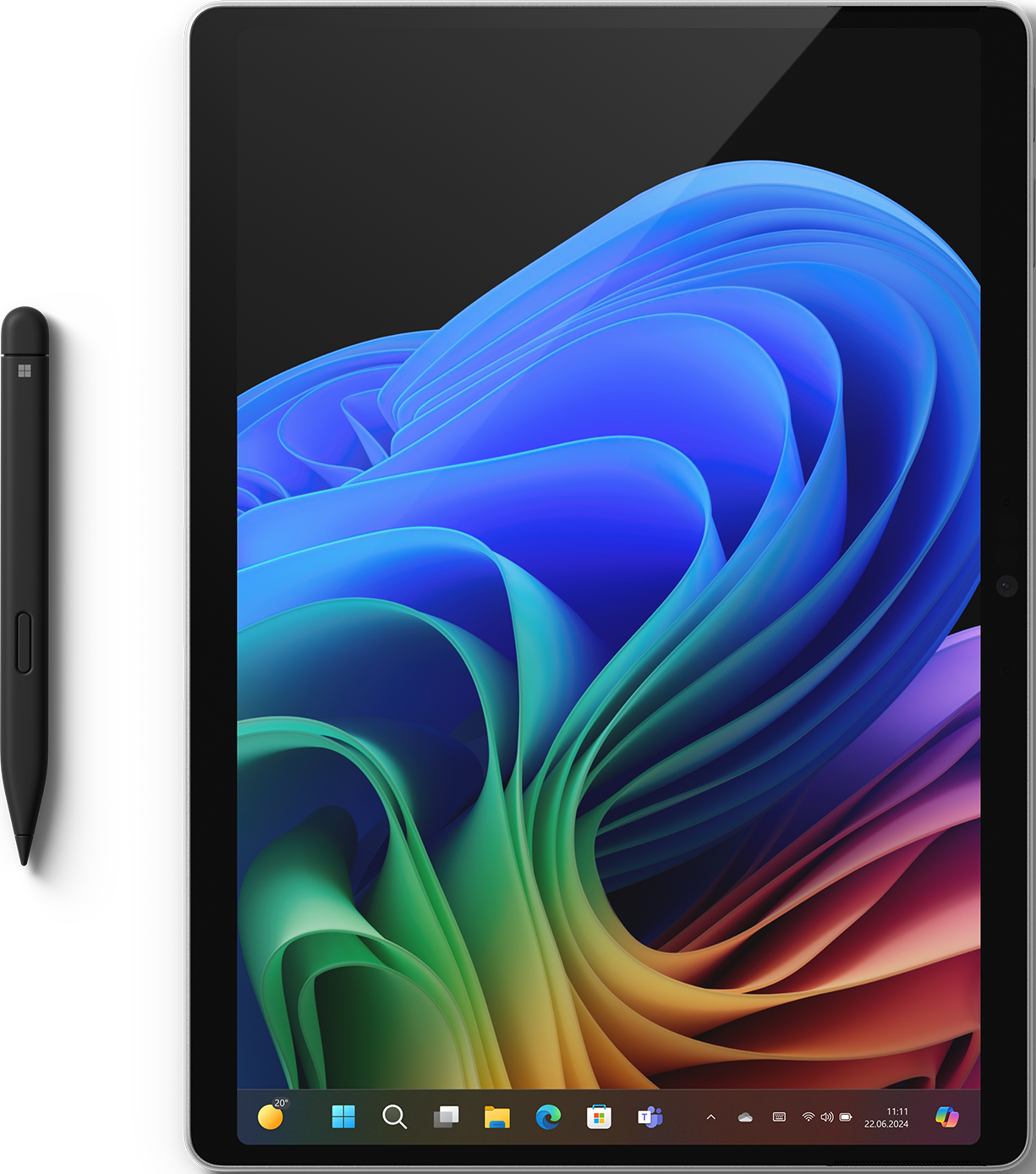 Tablet con sfondo colorato, uno stilo nero a sinistra. Mostra il logo di Windows e l'ora.