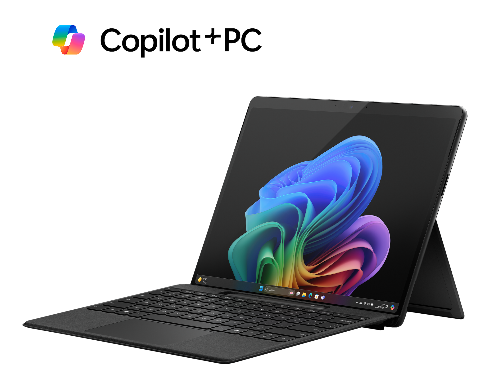 Ordinateur portable noir avec écran arc-en-ciel. Ouvert, sur un support. Logo Microsoft.