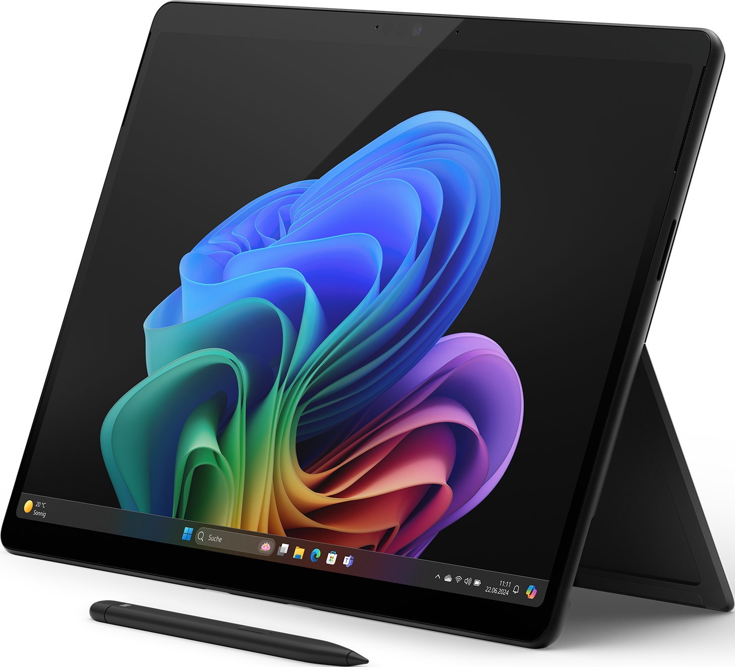 Tablette noire avec clavier attaché, affichant un bureau Windows coloré.