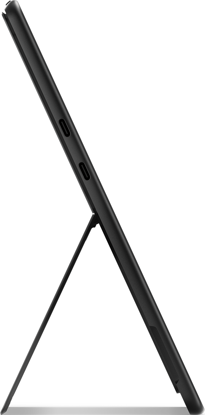Une tablette noire, inclinée, montrant les ports sur le côté.