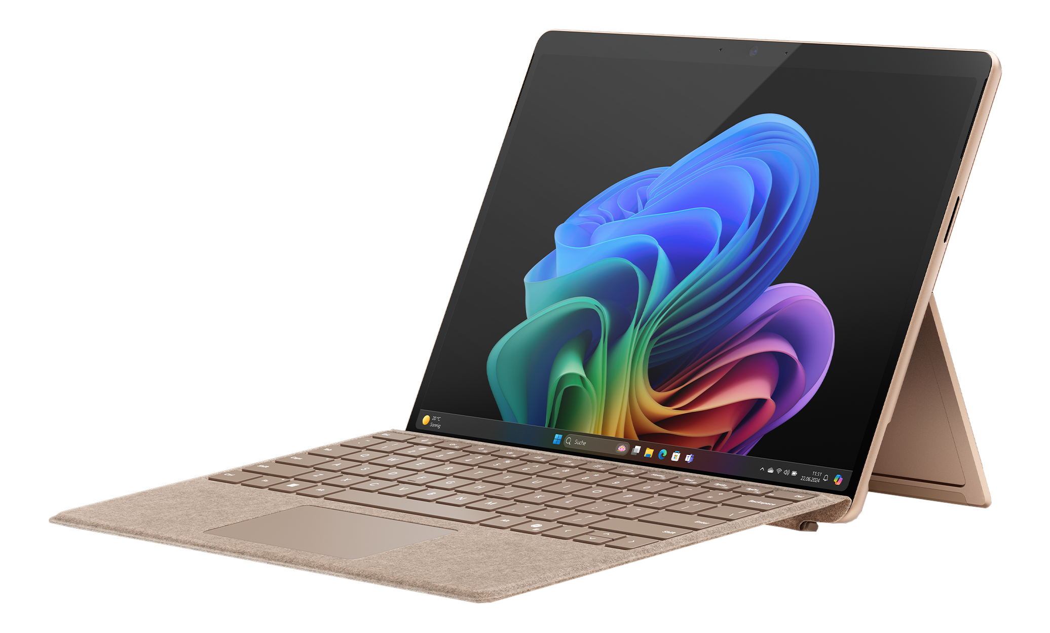 Ein beiger Laptop mit geöffneter Tastatur und Bildschirm, vor schwarzem Hintergrund.