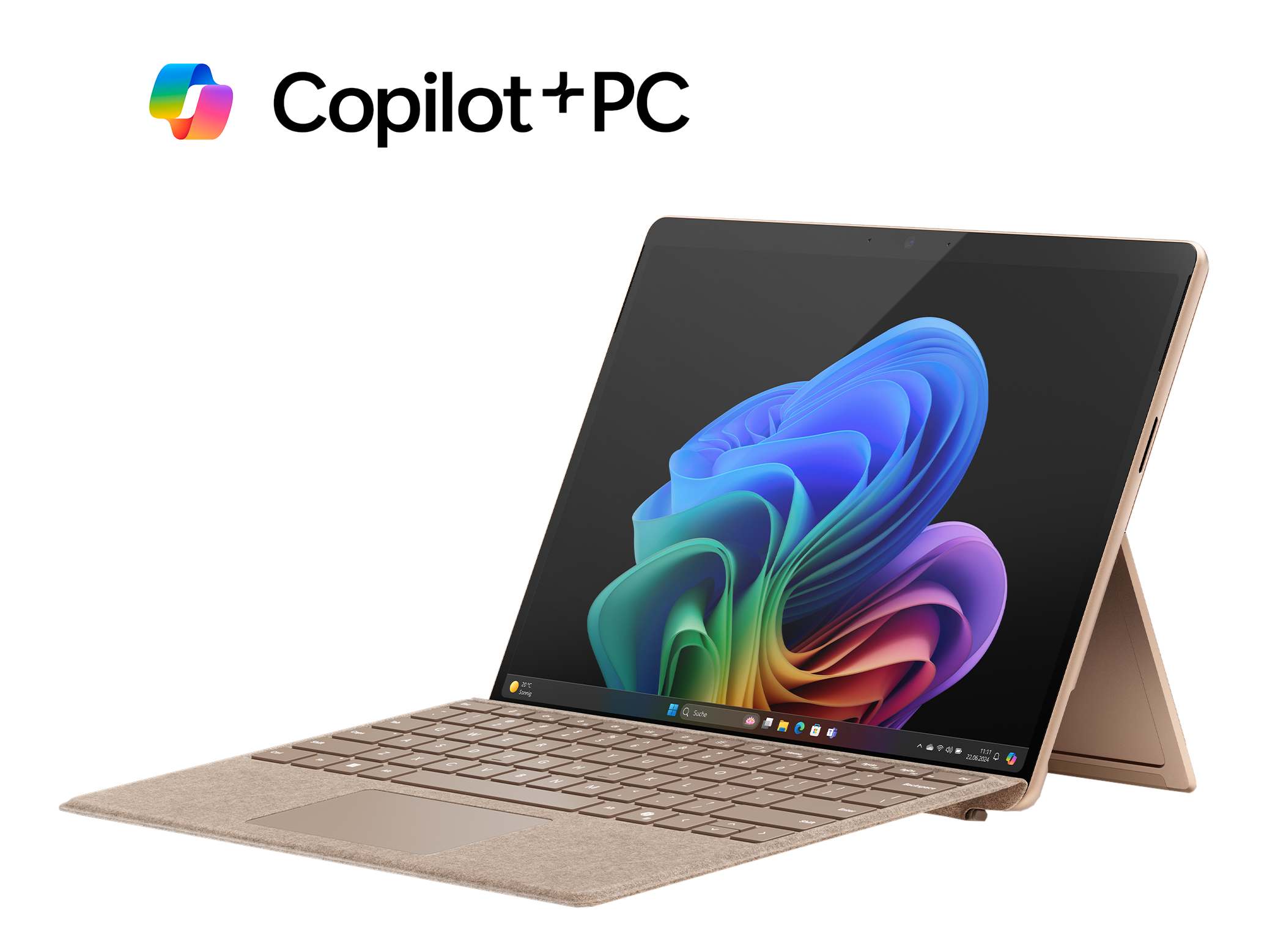 Ein Laptop, der auf einem Ständer geöffnet ist, mit einem Regenbogenbild. Der Bildschirm ist zum Betrachter geneigt.
