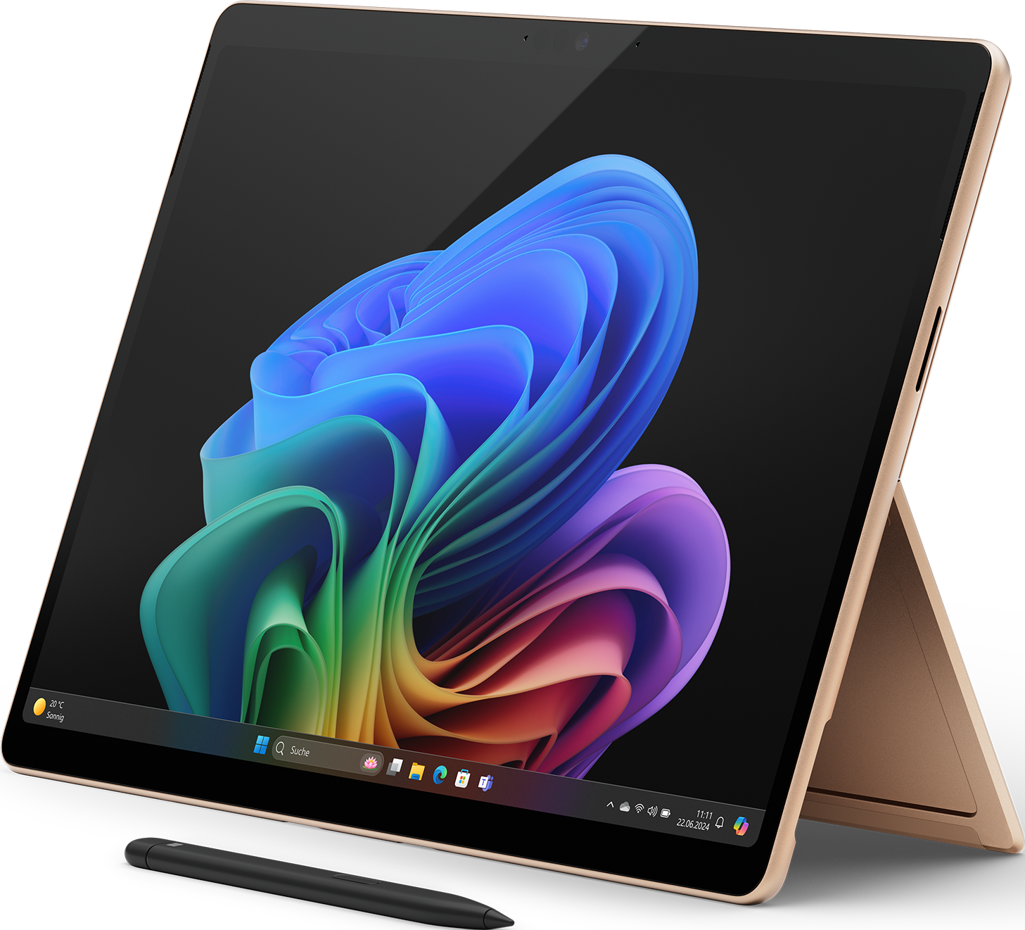Tablet mit farbenfrohem Bildschirm mit einer blütenartigen Grafik. Stift liegt darunter. Goldfarbener Ständer ist offen.